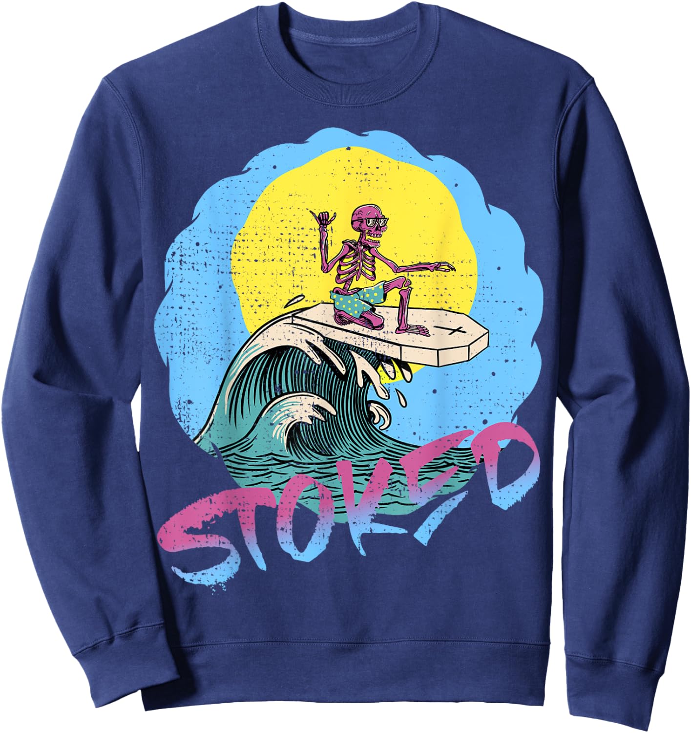 Surfing Skeleton Shaka T Shirts 80s Surf Surfboard Sweatshirt - Sweatshirt | Navy