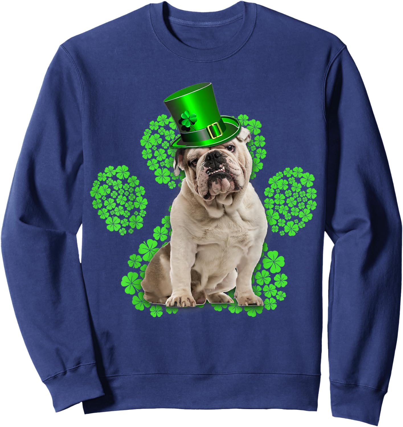 English Bulldog Shamrock Paw Clovers St Patrick's Day Sweatshirt - Sweatshirt | Navy
