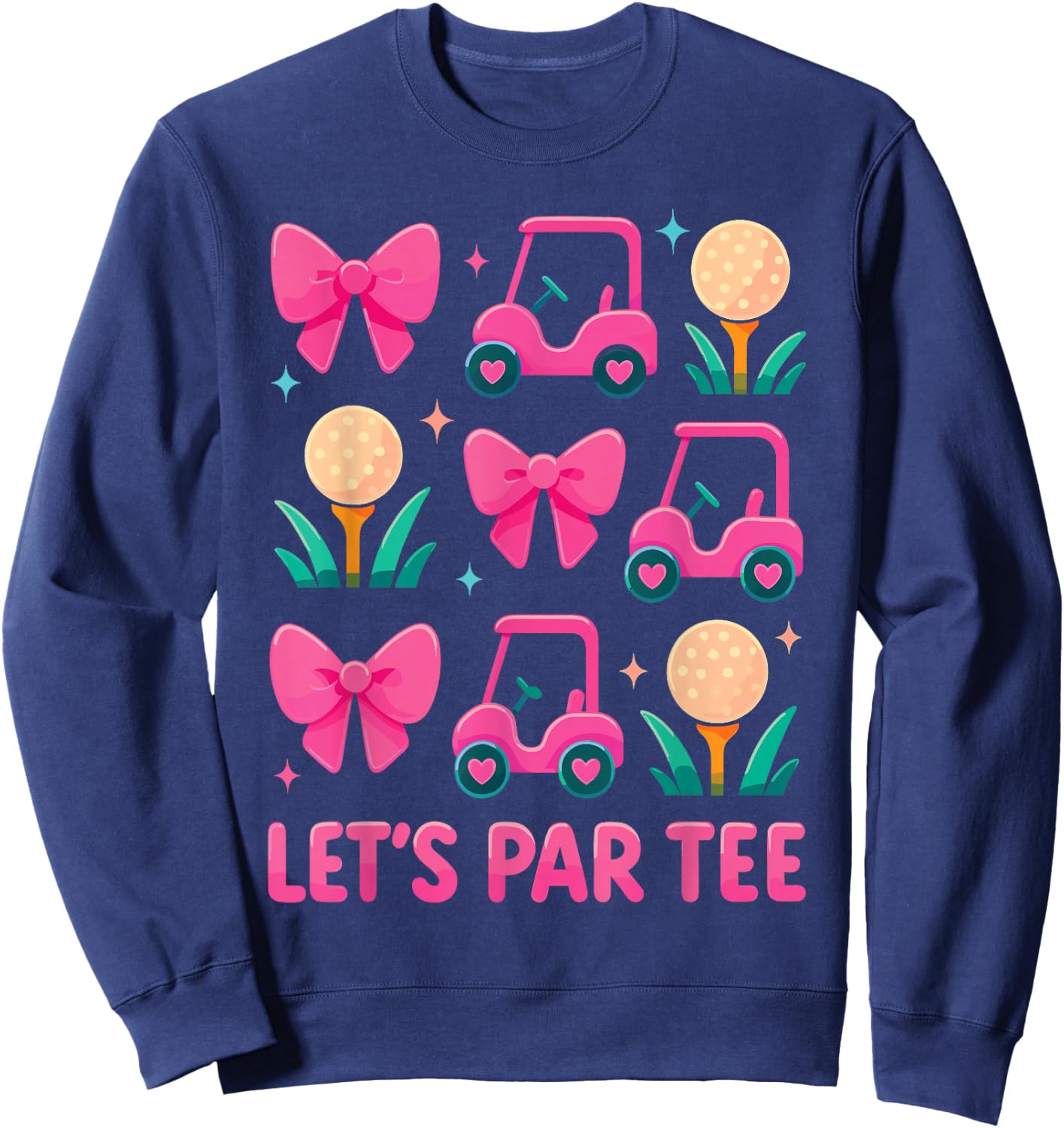 Let's Par Cute Pink Golf Cart Bow Pattern Golfer Graphic Sweatshirt - Sweatshirt | Navy