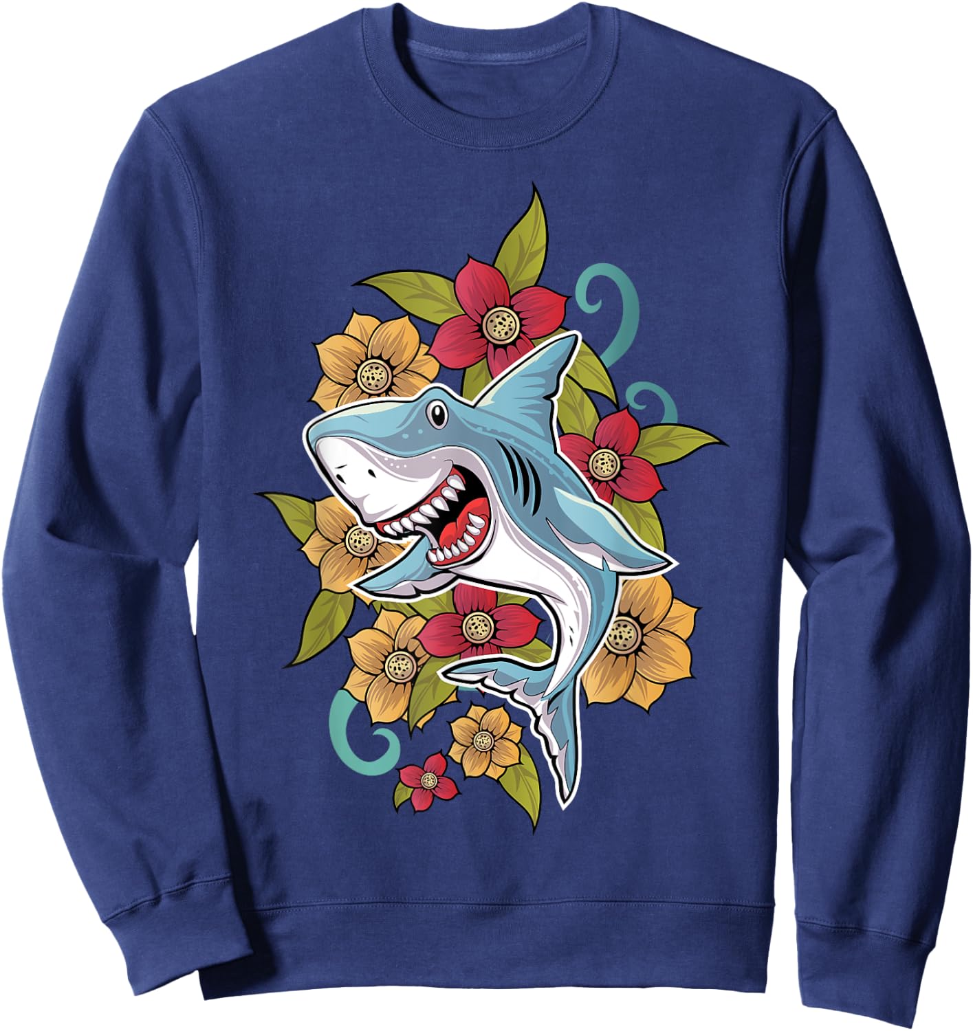 Floral Shark Tattoo Traditional Tribal Tattoo Style Art Sweatshirt - Sweatshirt | Navy