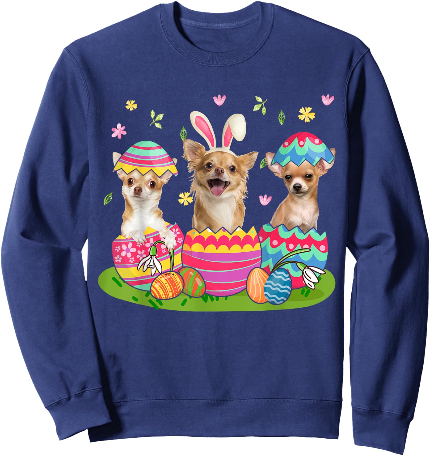 Three Bunny Chihuahua Inside Easter Egg Happy Easter Sweatshirt - Sweatshirt | Navy