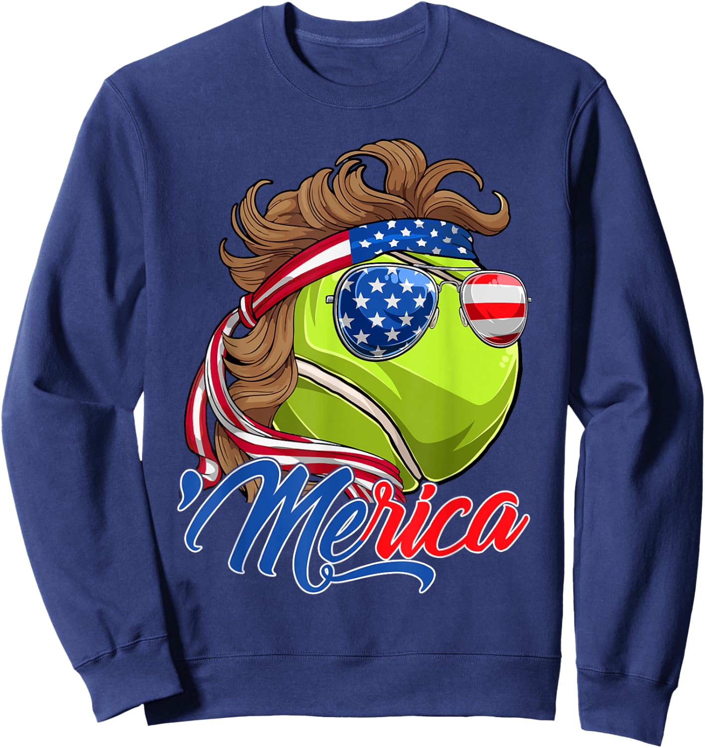 Funny Merica Tennis Ball & USA Flag Sunglasses 4th Of July Kids Men Sweatshirt - Sweatshirt | Navy