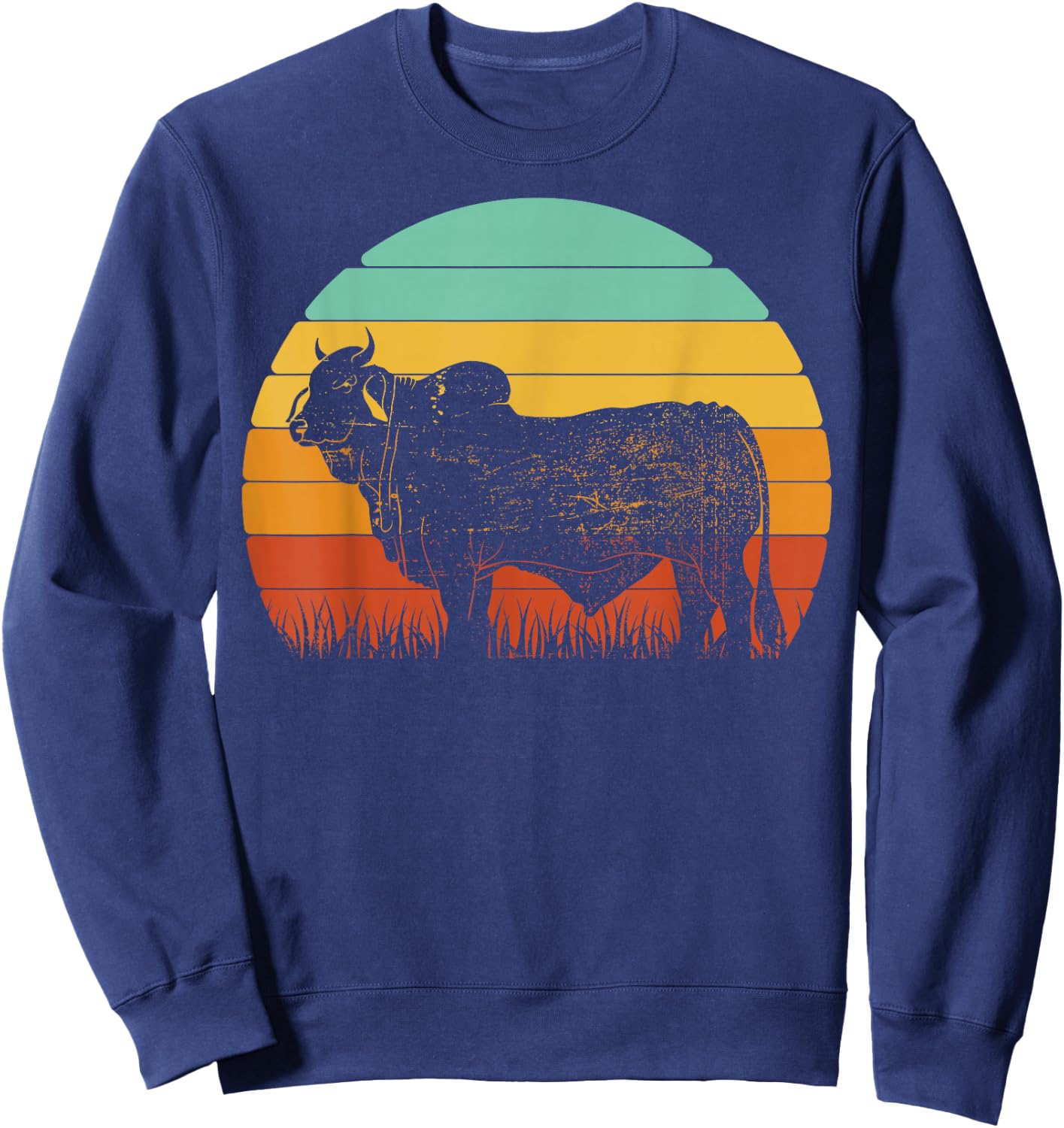 Retro Sunset Cow Farmer Brahman Cattle Sweatshirt - Sweatshirt | Navy