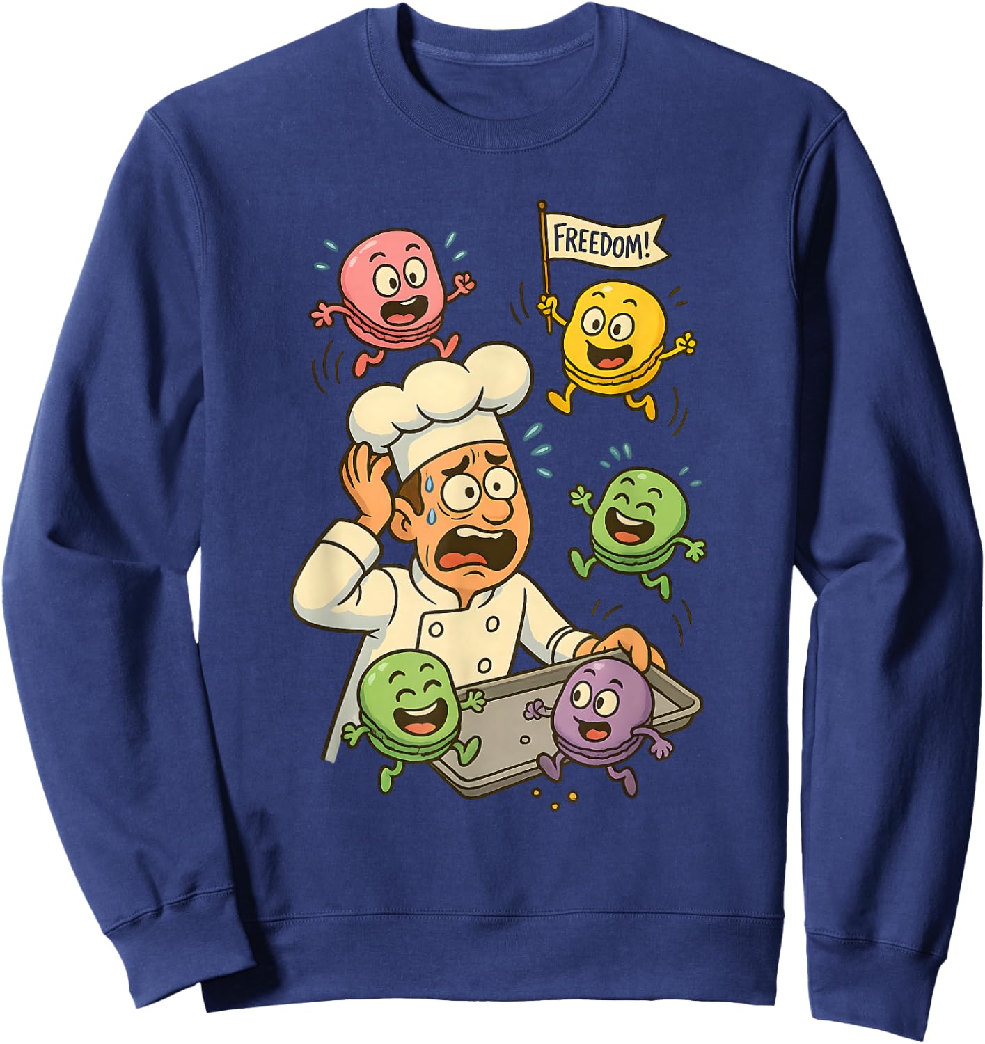 Funny Cartoon Chef & Escaping Macarons Baking Humor Sweatshirt - Sweatshirt | Navy