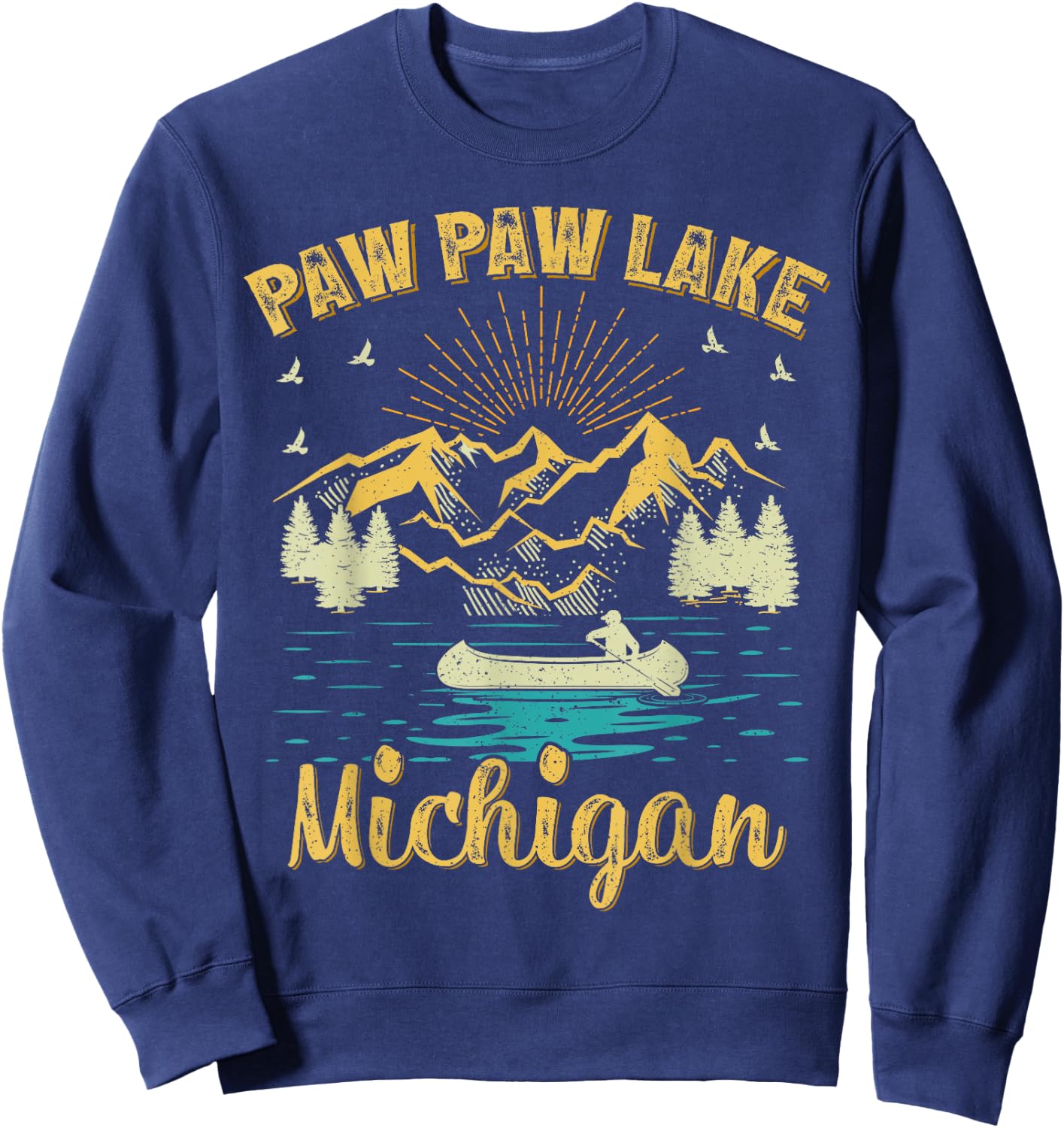 Summer Vacation Retro Mountain Michigan Paw Paw Lake Men Women Kids Sweatshirt - Sweatshirt | Navy