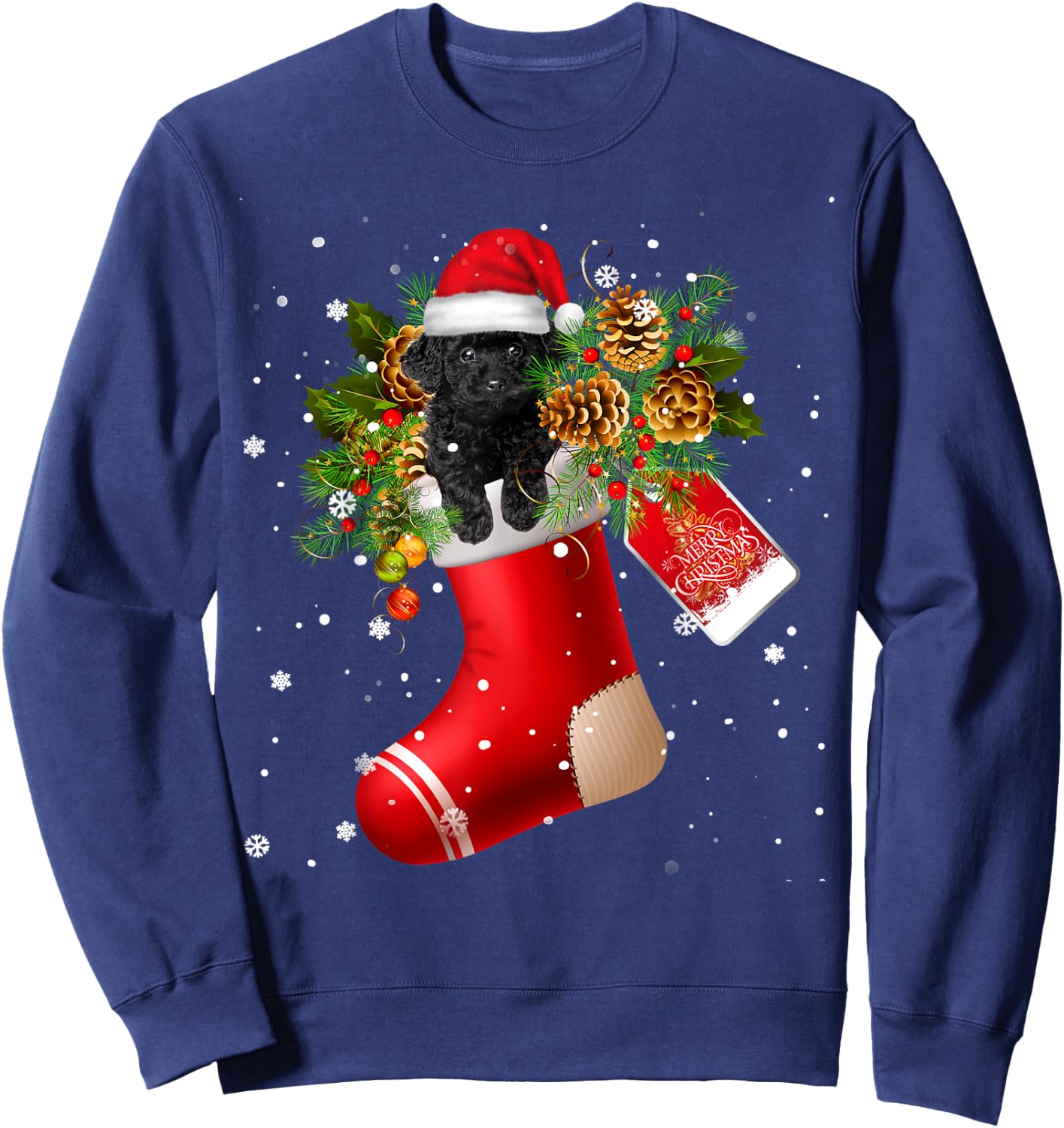 Santa Black Toy Poodle In Christmas Sock Pajama Sweatshirt - Sweatshirt | Navy