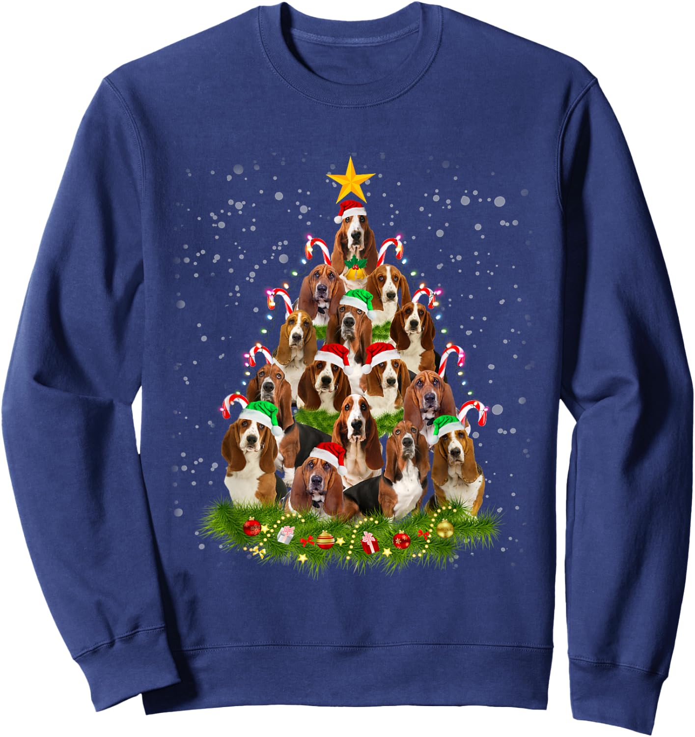 Basset Hound Merry Christmas Tree Light Pajama Basset Hound Sweatshirt - Sweatshirt | Navy