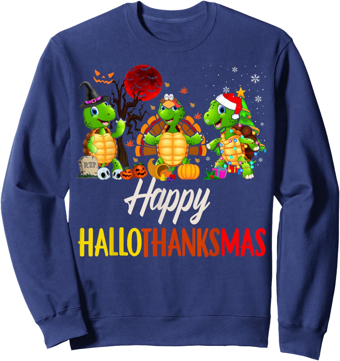 Happy Hallothanksmas Santa Turtle Halloween Thanksgiving Sweatshirt - Sweatshirt | Navy