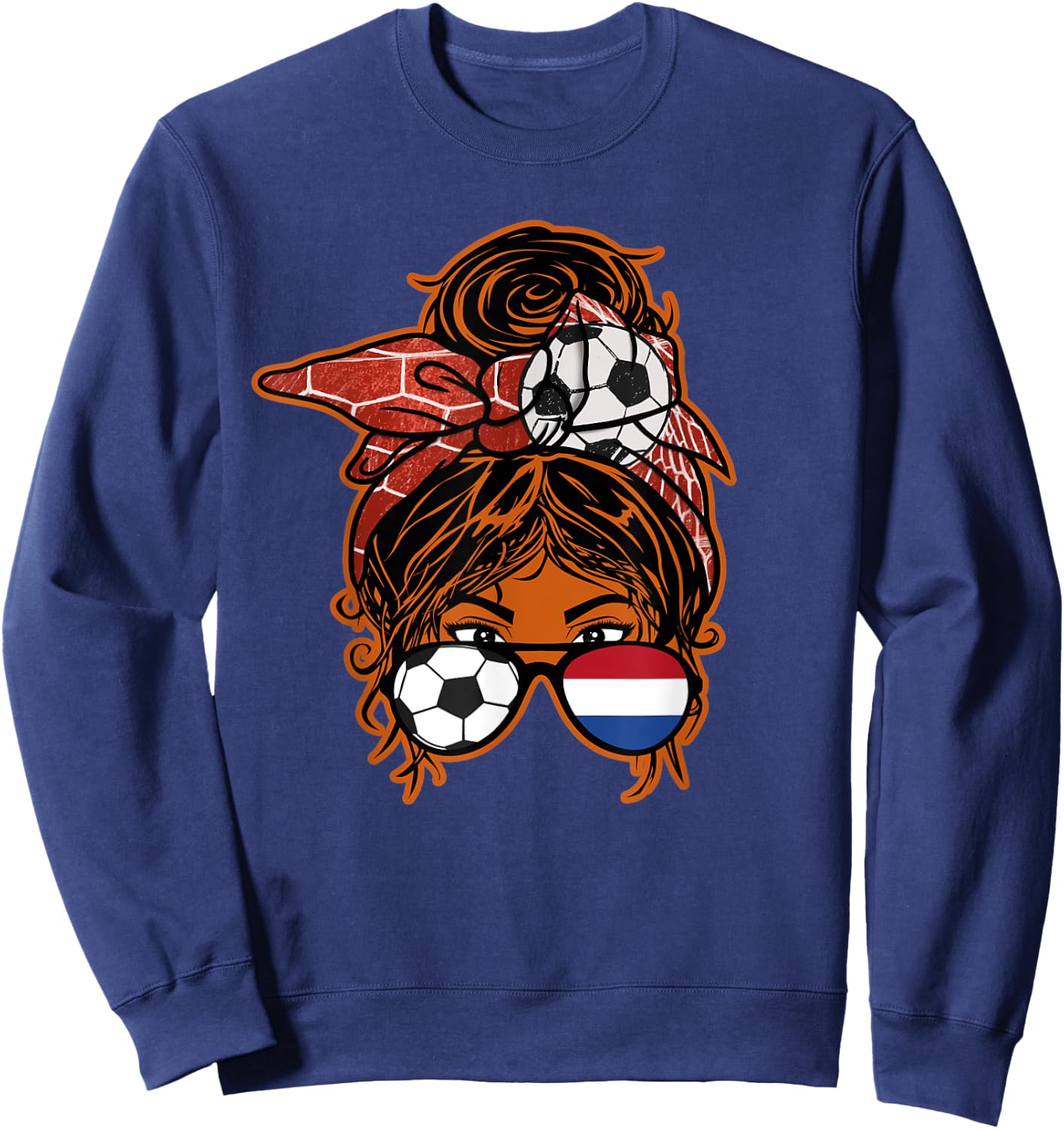 Messy Bun Hair Brown Skin Soccer Girl Netherlands Jersey Sweatshirt - Sweatshirt | Navy