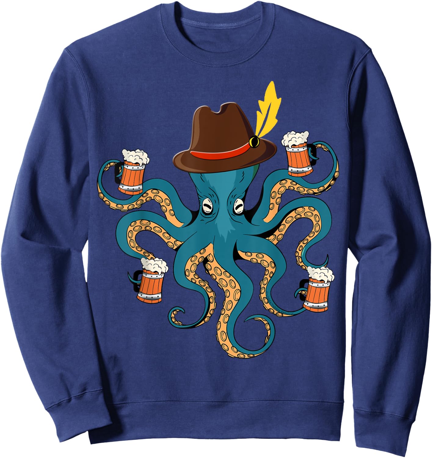 Funny Oktoberfest Octopus with Beer German Hat - Oktoberfest Sweatshirt - Sweatshirt | Navy
