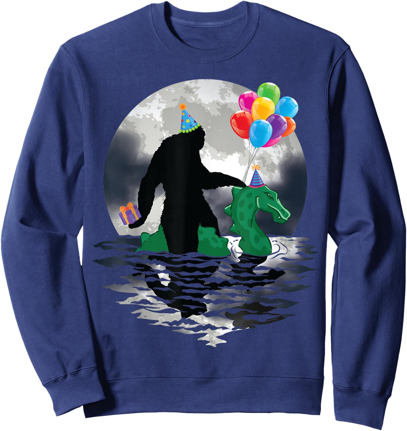 Funny Bigfoot Riding Loch Ness Monster Birthday Celebration Sweatshirt - Sweatshirt | Navy