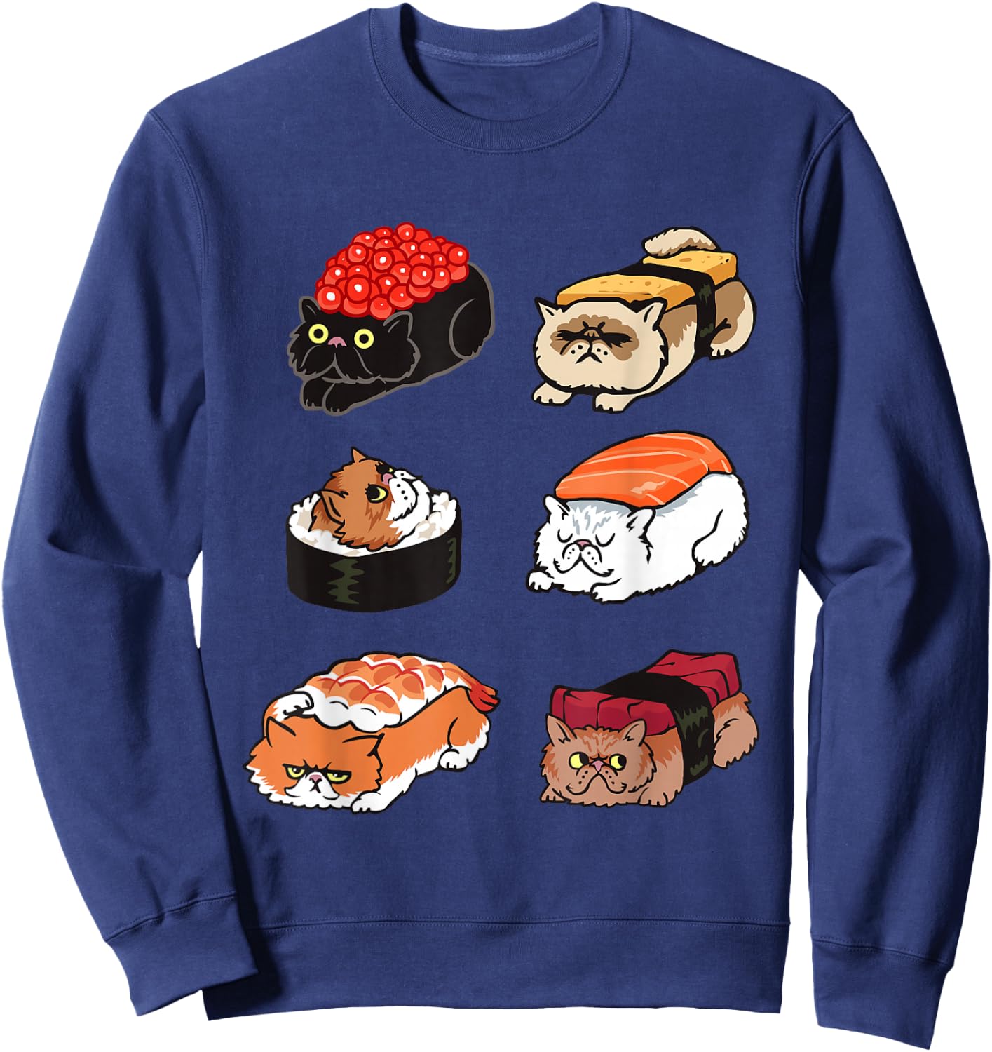 Sushi Persian Cat Funny T- shirt by Huebucket Sweatshirt - Sweatshirt | Navy