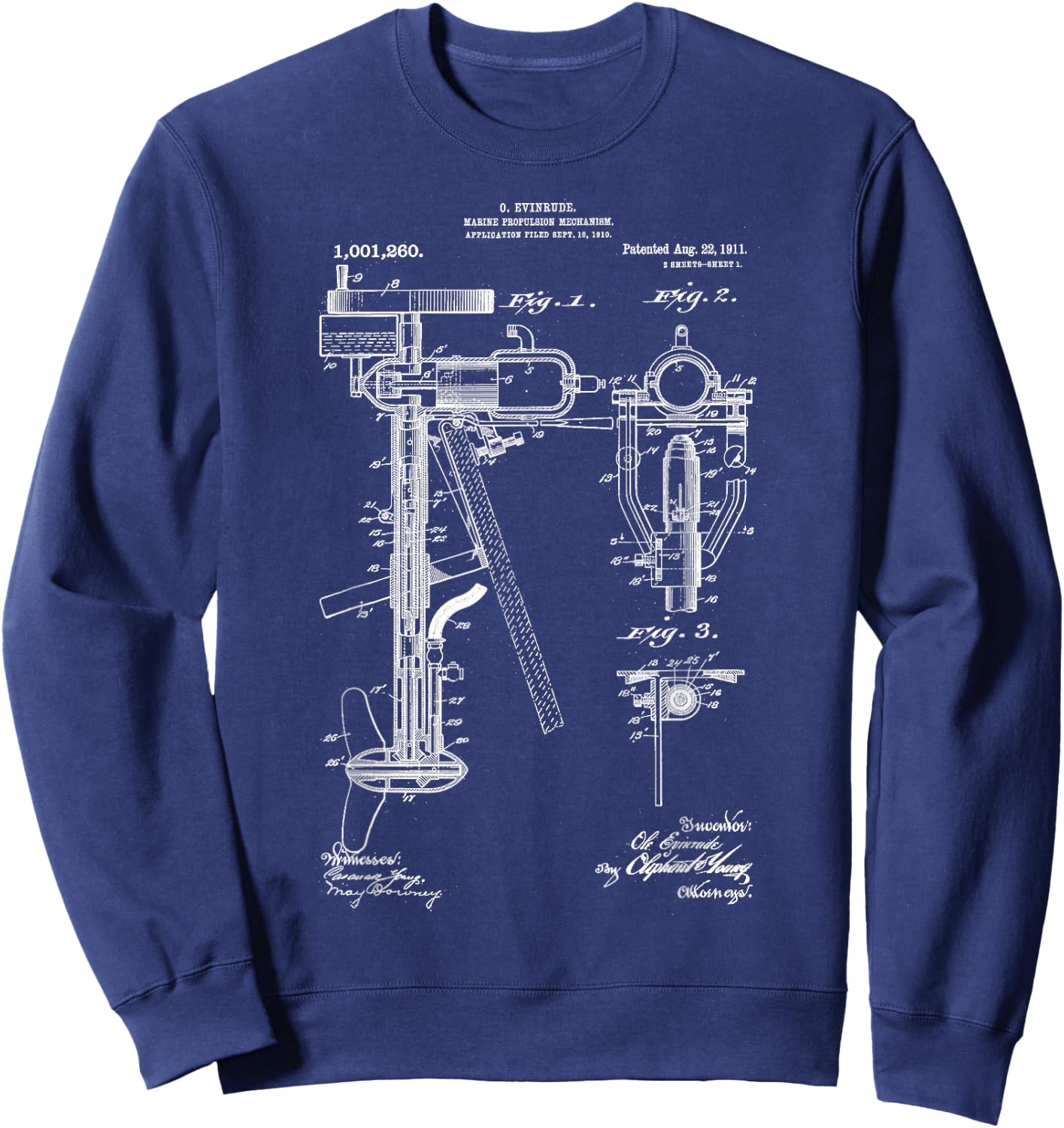 Vintage Patent Print 1911 Outboard Boat Motor Cool Blueprint Sweatshirt - Sweatshirt | Navy