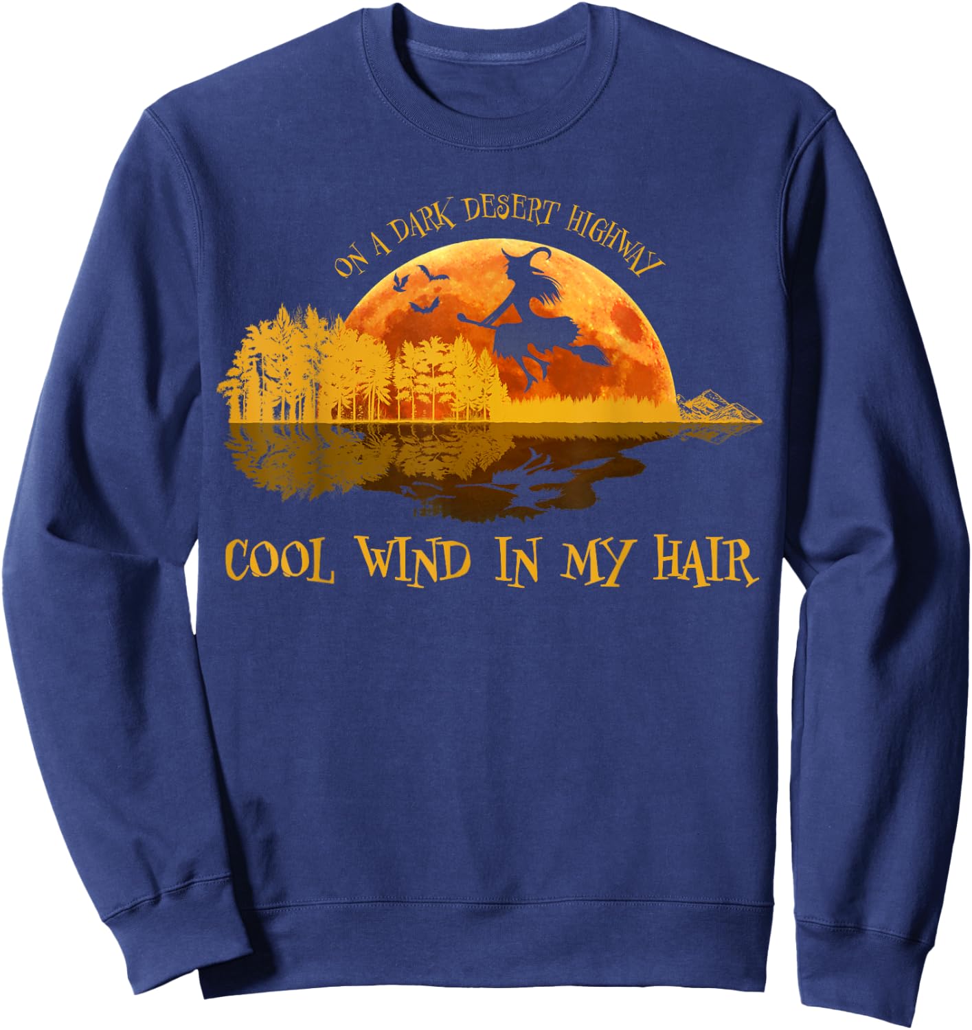 Flying Witch Riding Her Broom On A Desert Highways Halloween Sweatshirt - Sweatshirt | Navy