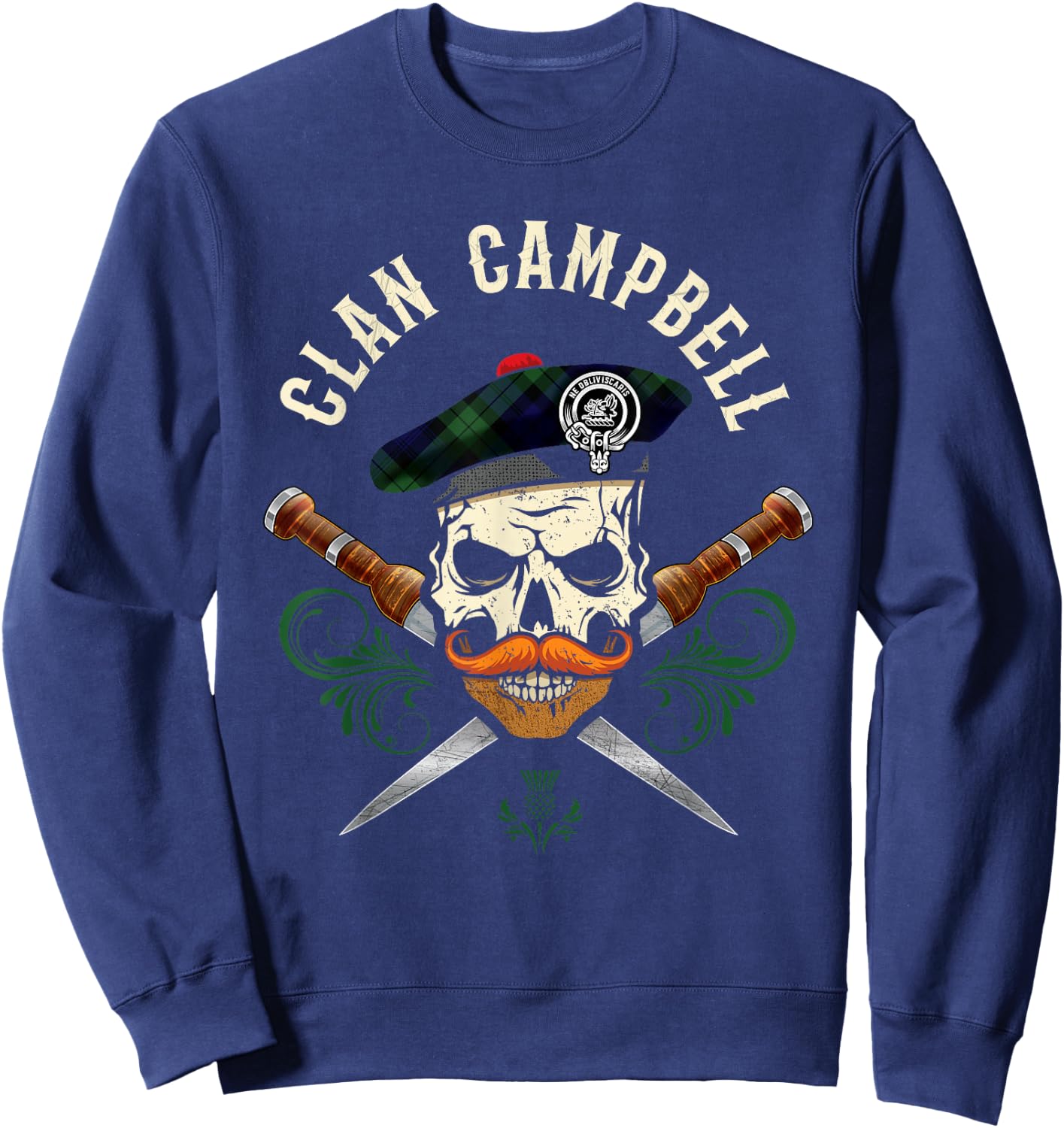 Campbell Surname Scottish Clan Skull Tam Dirks Tartan Badge Sweatshirt - Sweatshirt | Navy