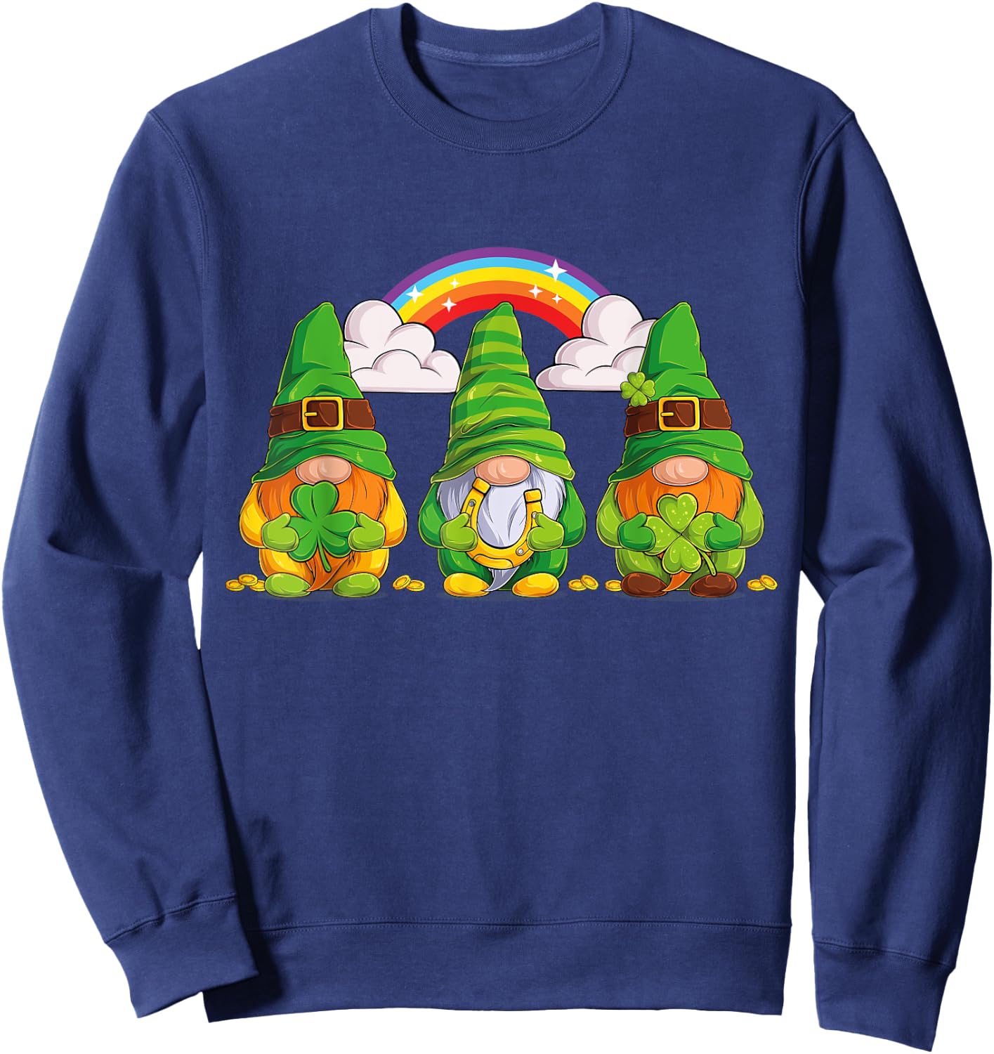 Lucky Gnomes Holding Shamrock Clover And Horseshoe Rainbow Sweatshirt - Sweatshirt | Navy