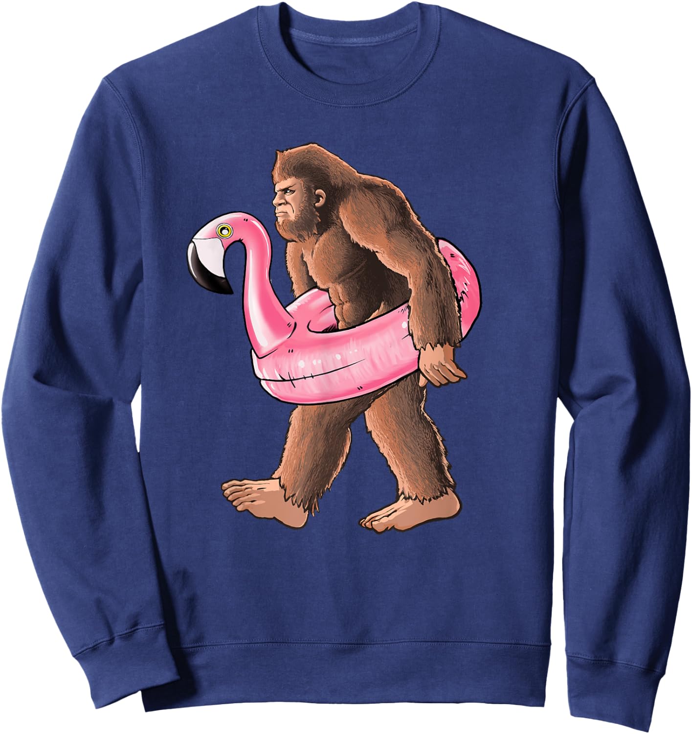 Bigfoot Carrying a Pink Flamingo Pool Floaty Summertime Sweatshirt - Sweatshirt | Navy
