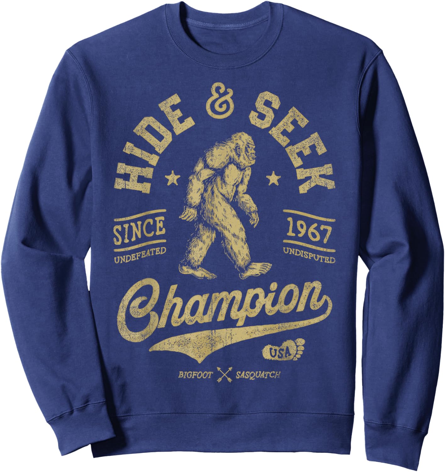 Squatchy Bigfoot Co Bigfoot Hide And Seek Champion Funny Sasquax Retro Vintage Sweatshirt - Sweatshirt | Navy