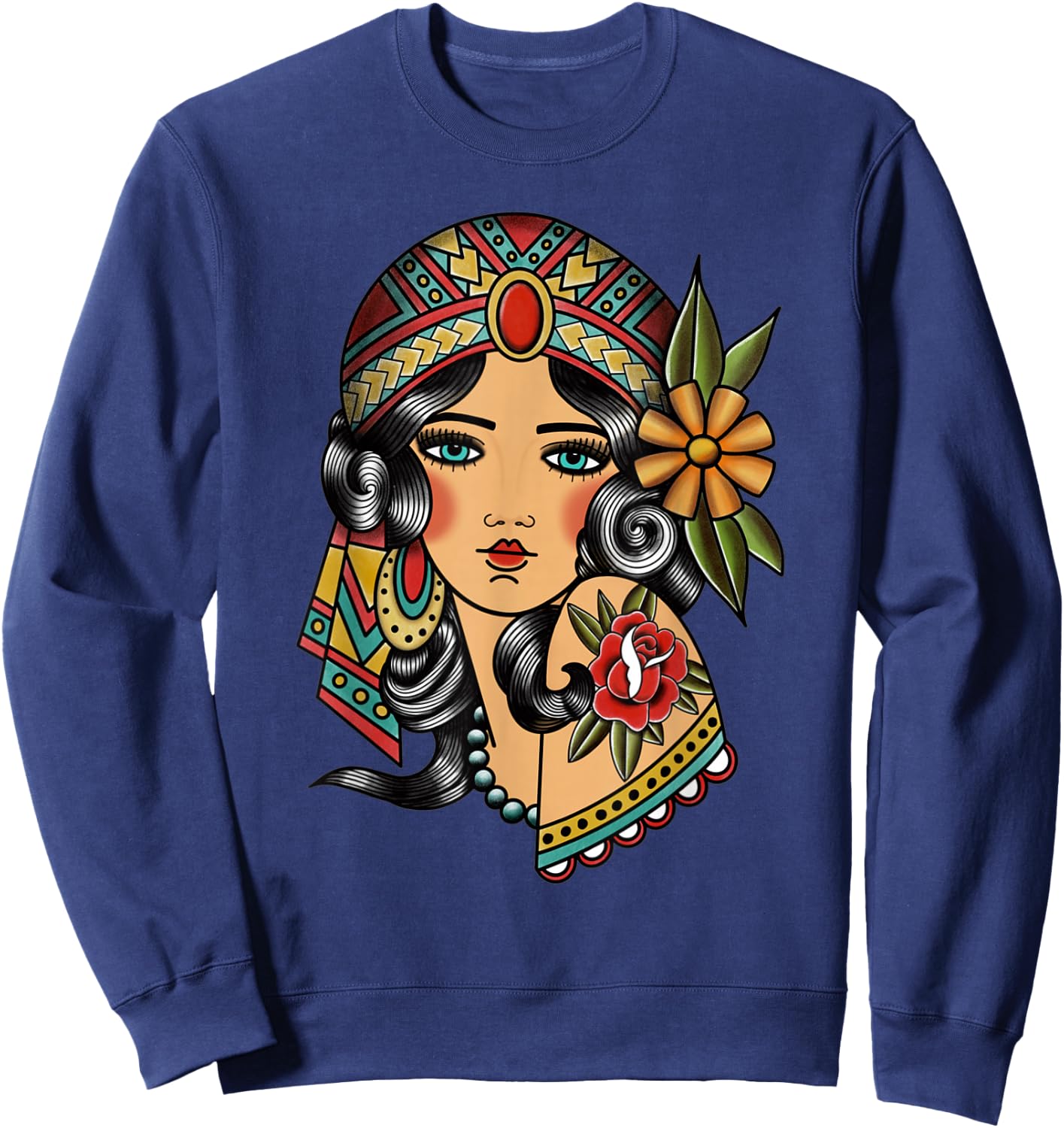Gypsy Lady Head Fortune Teller American Traditional Tattoo Small Sweatshirt - Sweatshirt | Navy