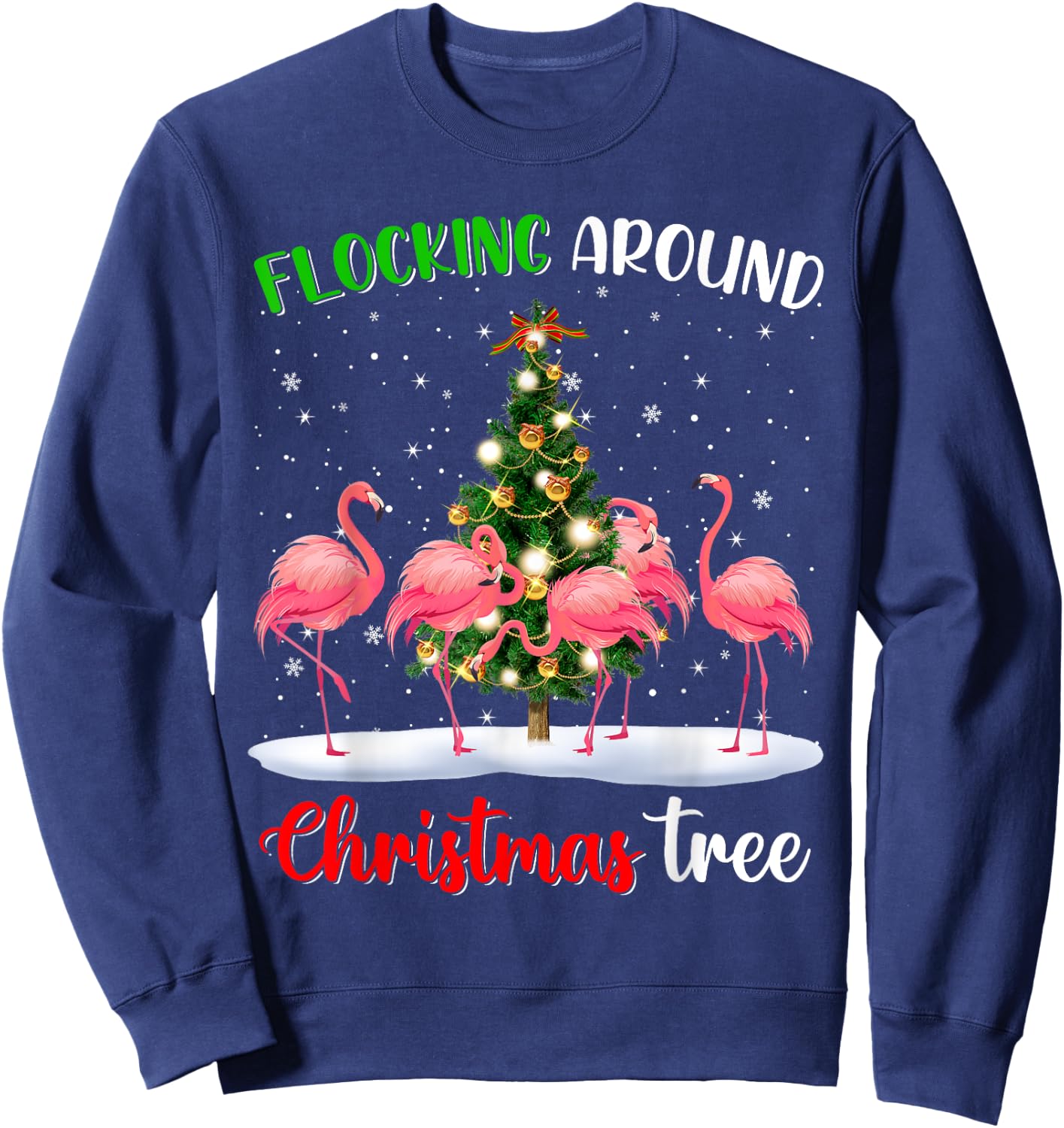 Cute Flamingo Christmas Flocking Around Christmas Tree Funny Sweatshirt - Sweatshirt | Navy