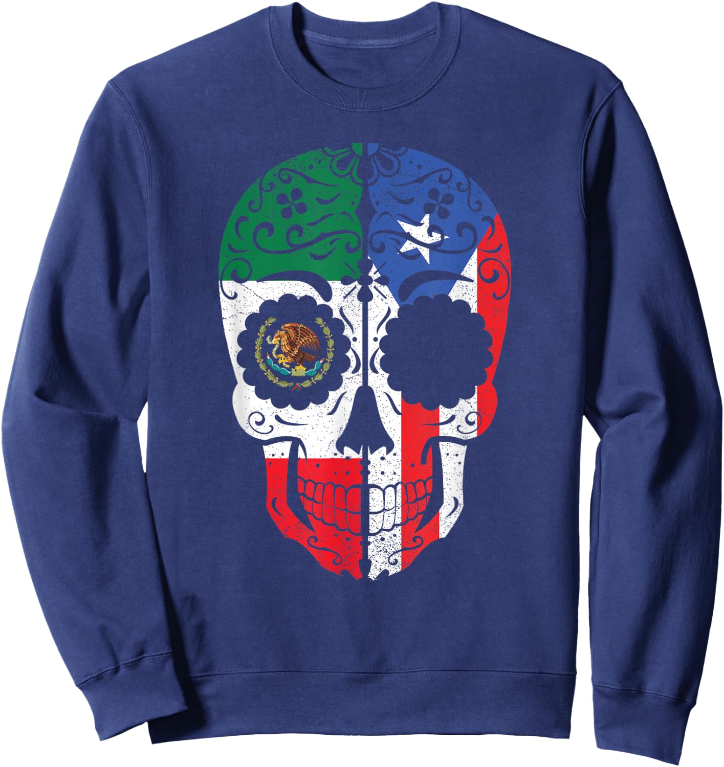 Mexican Puerto Rican Flag Mexico Puerto Rico Sugar Skull Sweatshirt - Sweatshirt | Navy