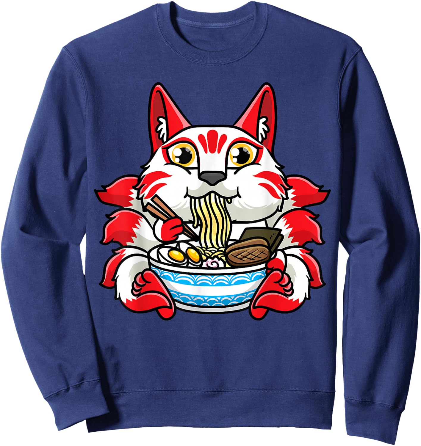 Kitsune Eating Ramen Noodles Otaku Japanese Nine Tailed Fox Sweatshirt - Sweatshirt | Navy