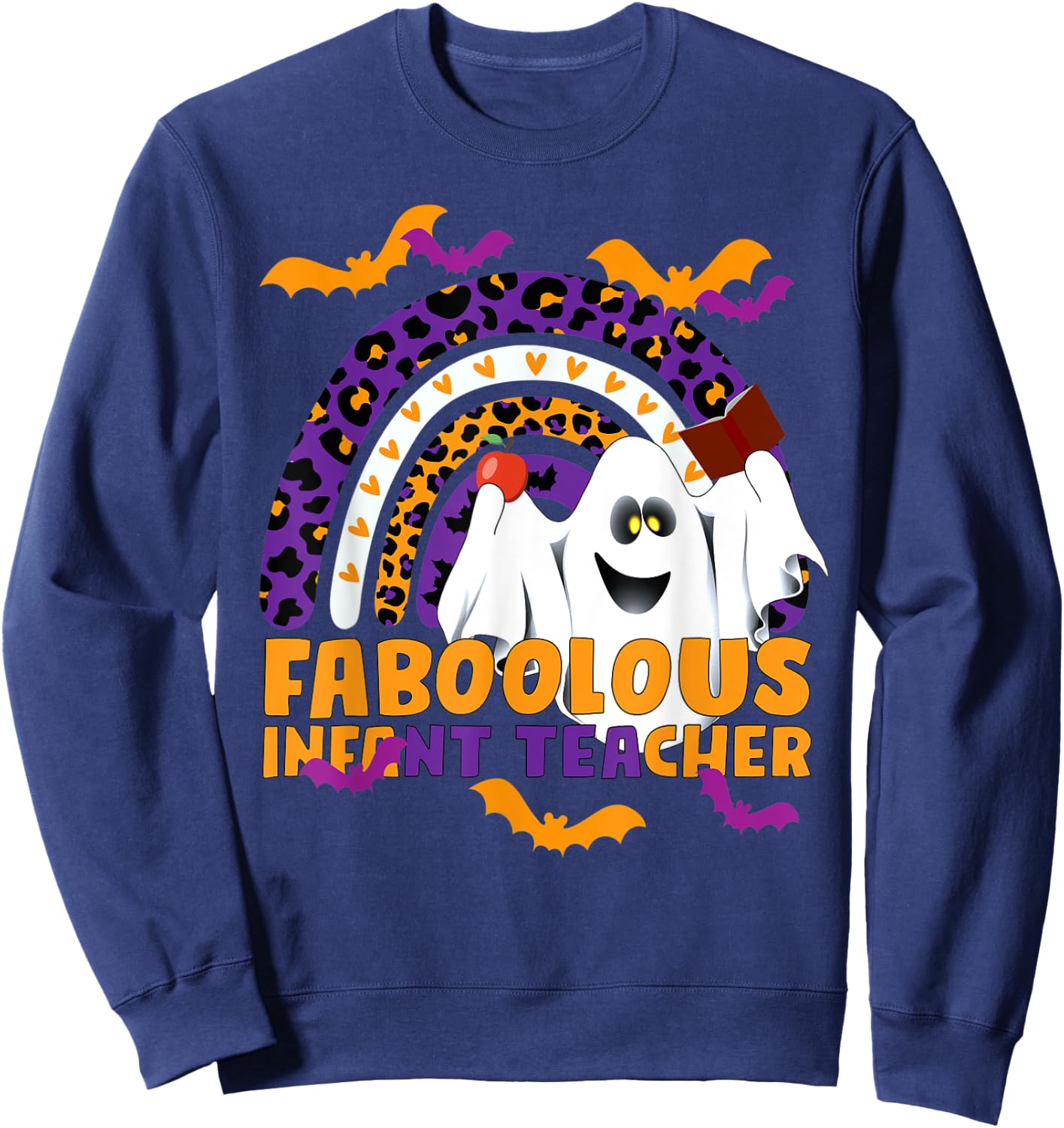 Faboolous Infant Teacher Rainbow Leopard Halloween Boo Crew Sweatshirt - Sweatshirt | Navy