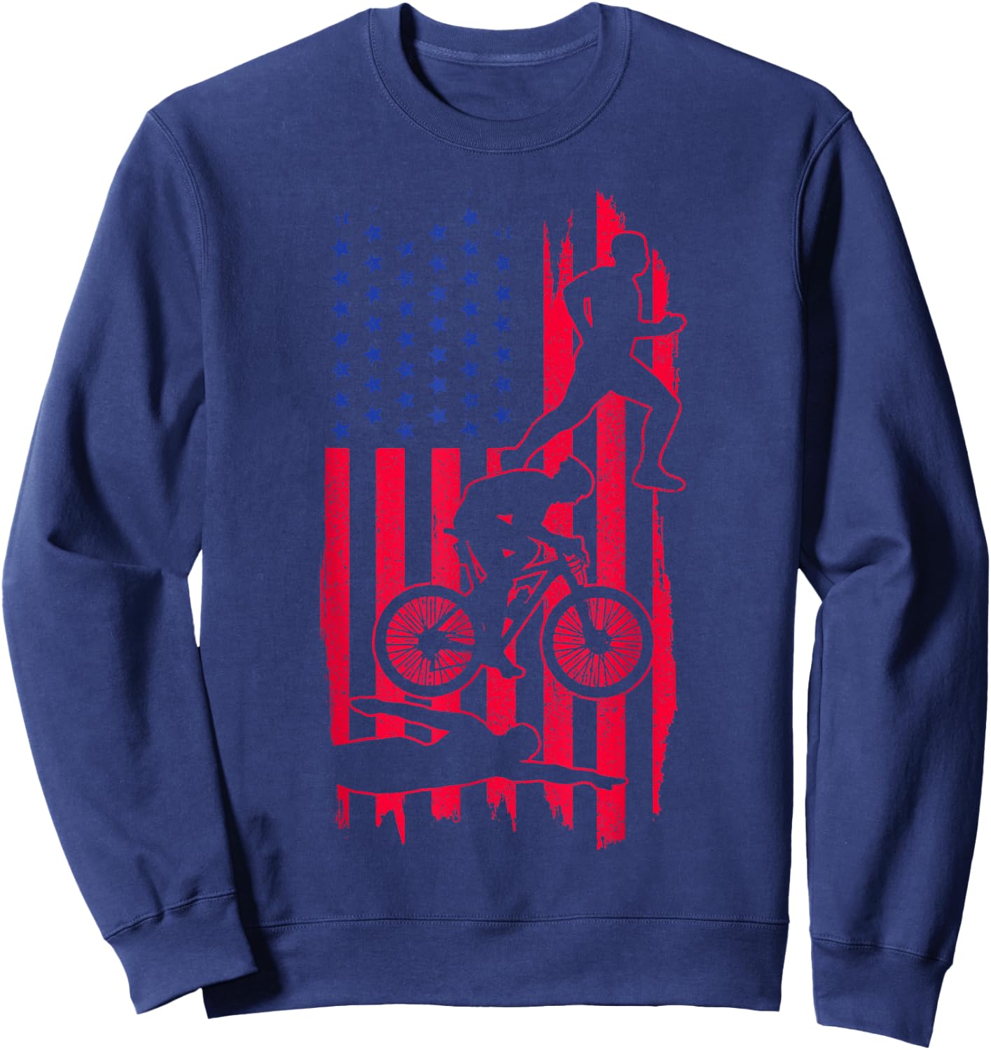 Triathlon US Flag Swim Bike Run Sport Patriotic Triathlete Women Men Sweatshirt - Sweatshirt | Navy