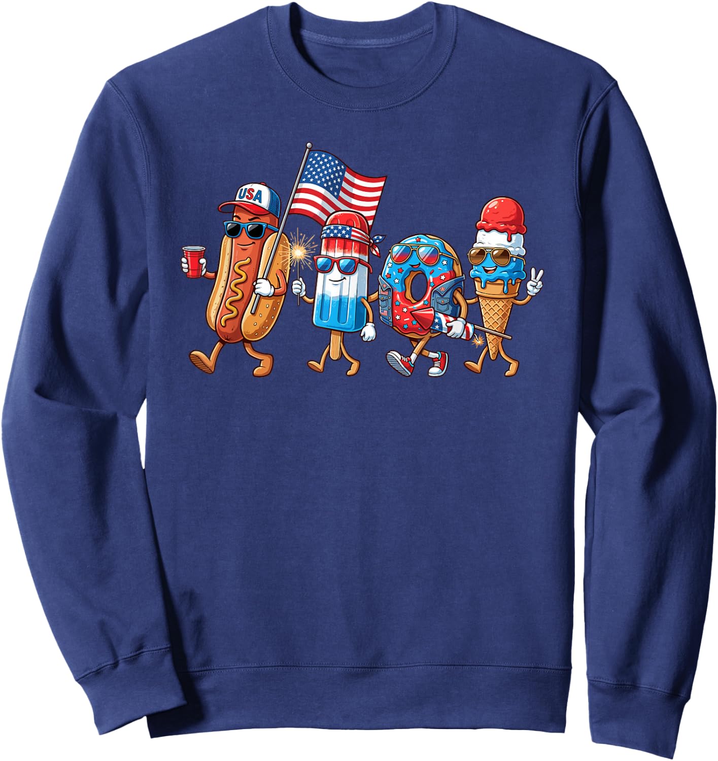 Cool Patriotic Food Characters 4th of July Cartoon Design Sweatshirt - Sweatshirt | Navy