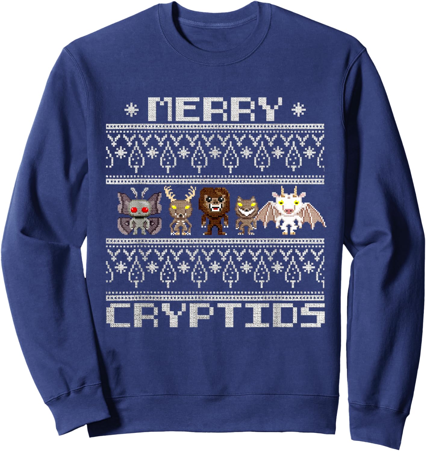 Merry Cryptids - Ugly Christmas Bigfoot, Mothman, Wendigo Sweatshirt - Sweatshirt | Navy