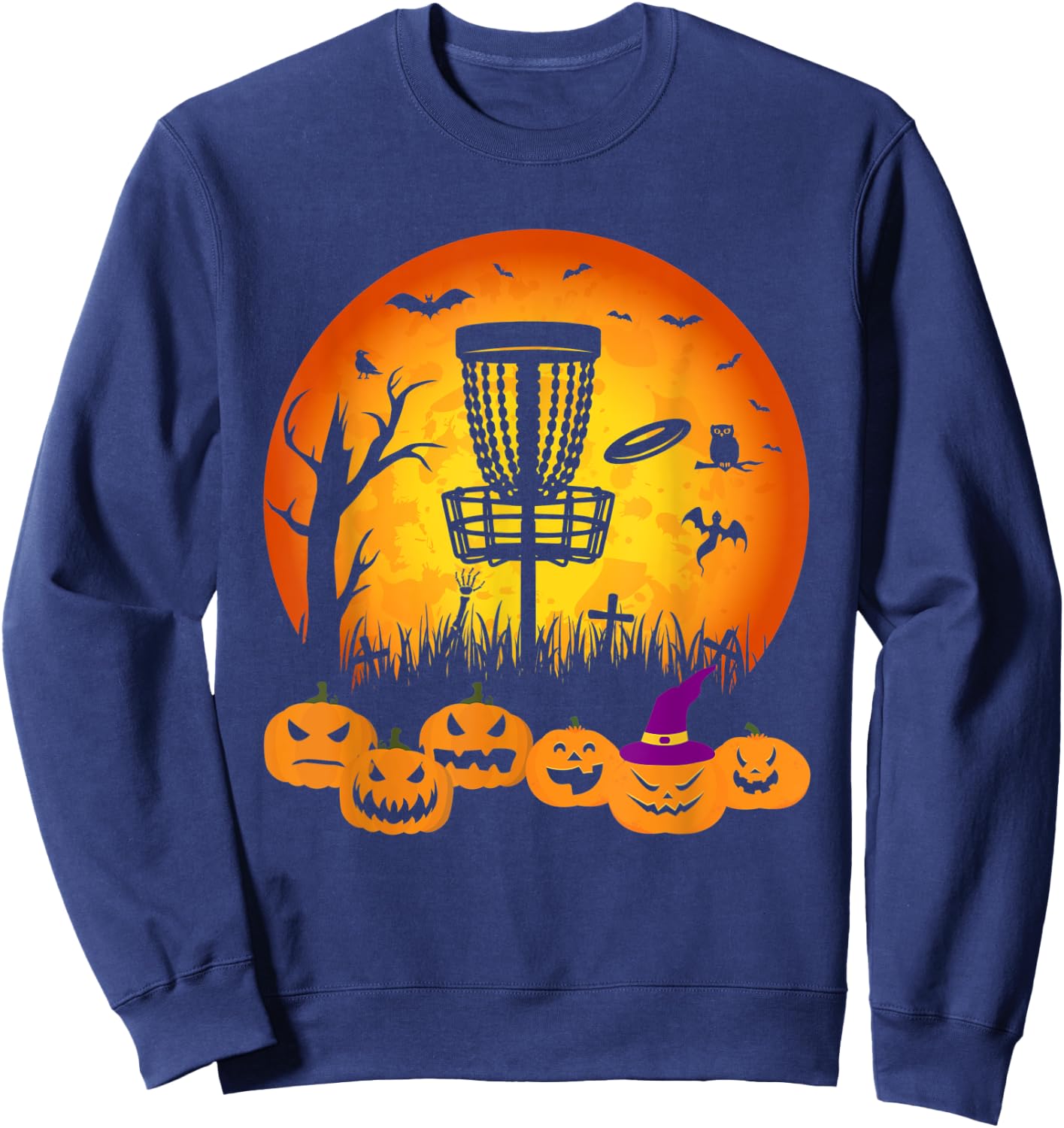 Retro Disc Golf Halloween Graveyard Scary Disc Golf Player Sweatshirt - Sweatshirt | Navy