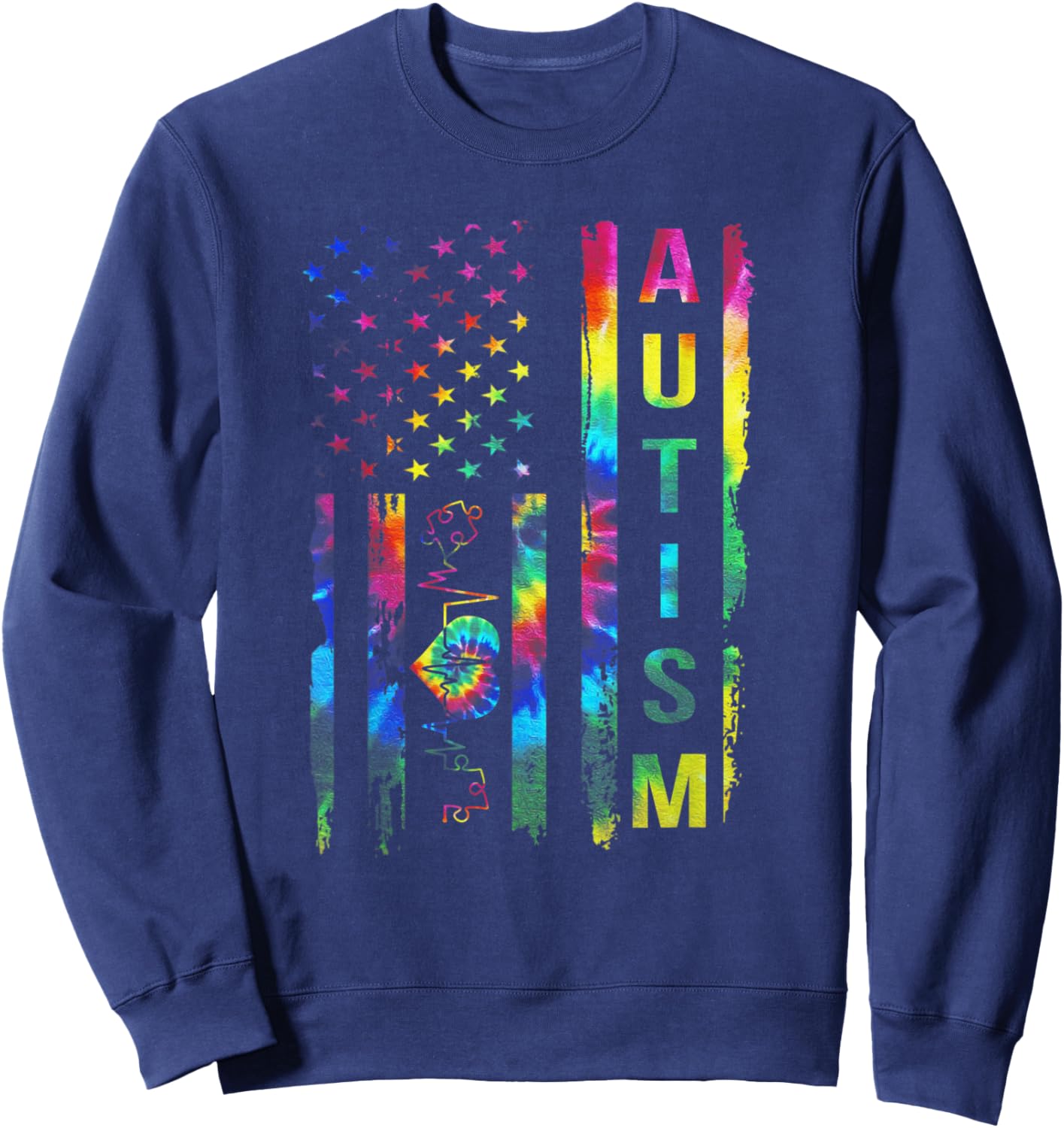 American Flag Autism Awareness Teacher Mom Support Tie Dye Men Sweatshirt - Sweatshirt | Navy