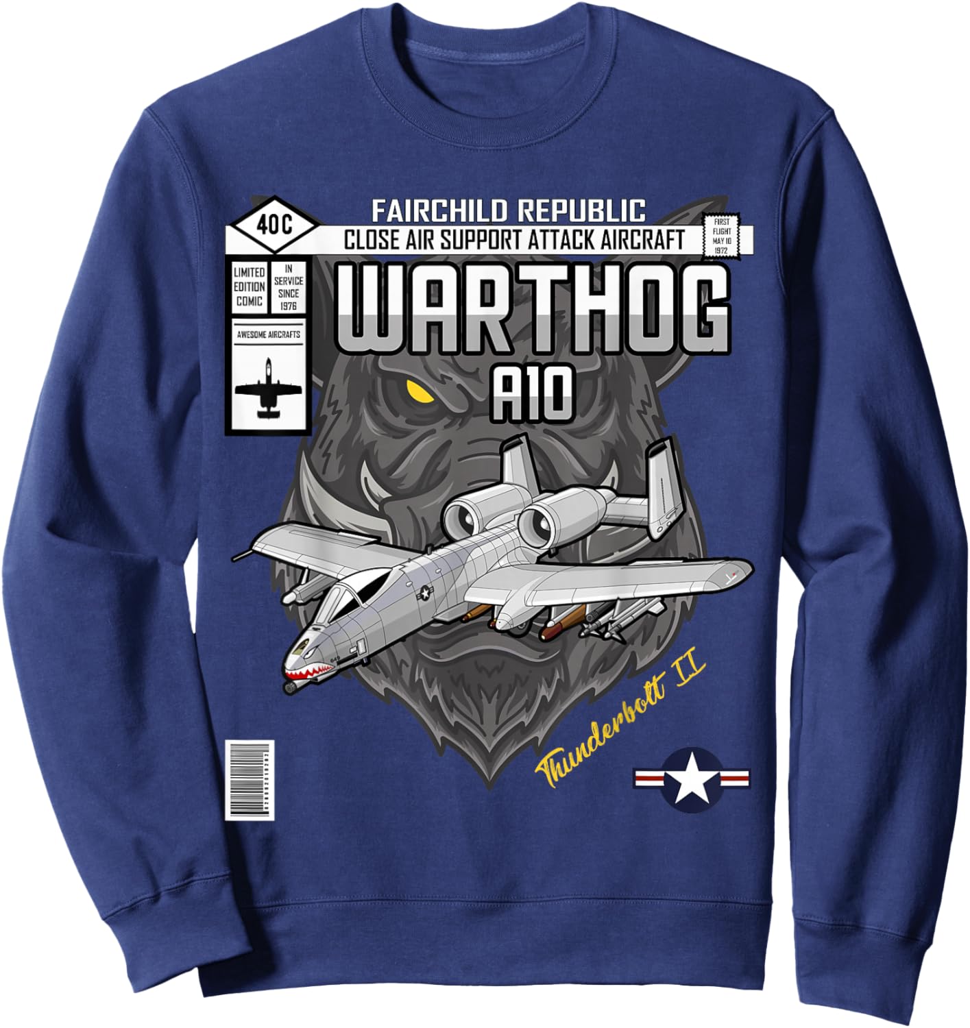 A-10 Warthog Close Air Support Aircraft Comic Book Edition Sweatshirt - Sweatshirt | Navy