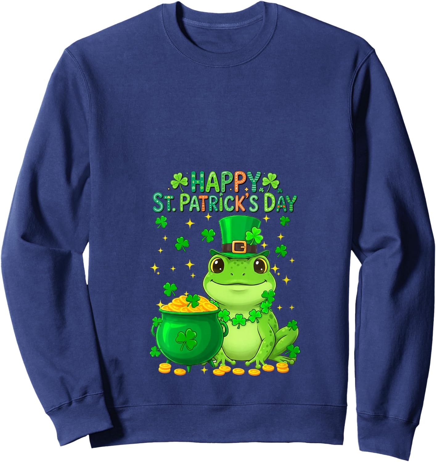 Women's Happy St. Patrick's Day Frog Shamrocks Coins Lover Kids V-Neck Sweatshirt - Sweatshirt | Navy