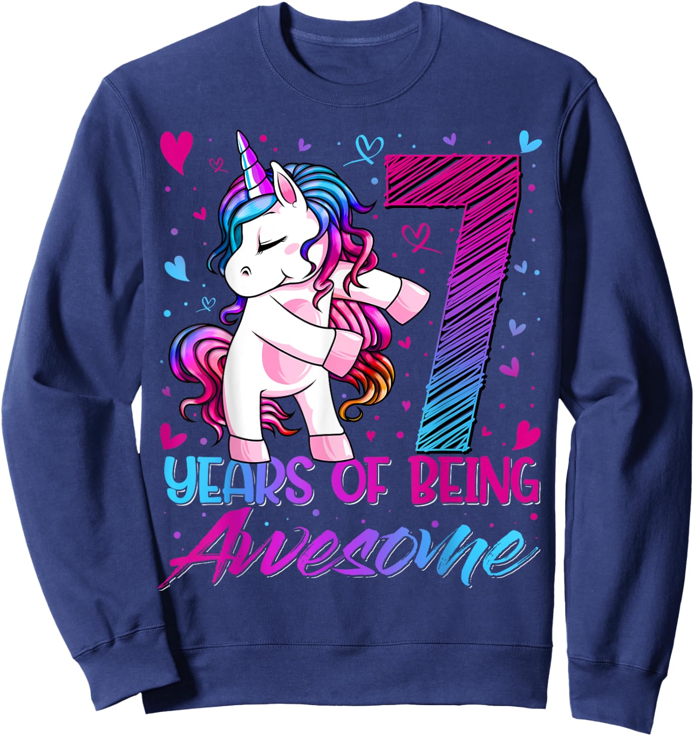 7 Year Old Gifts Unicorn Flossing 7th Birthday Girl Party Sweatshirt - Sweatshirt | Navy