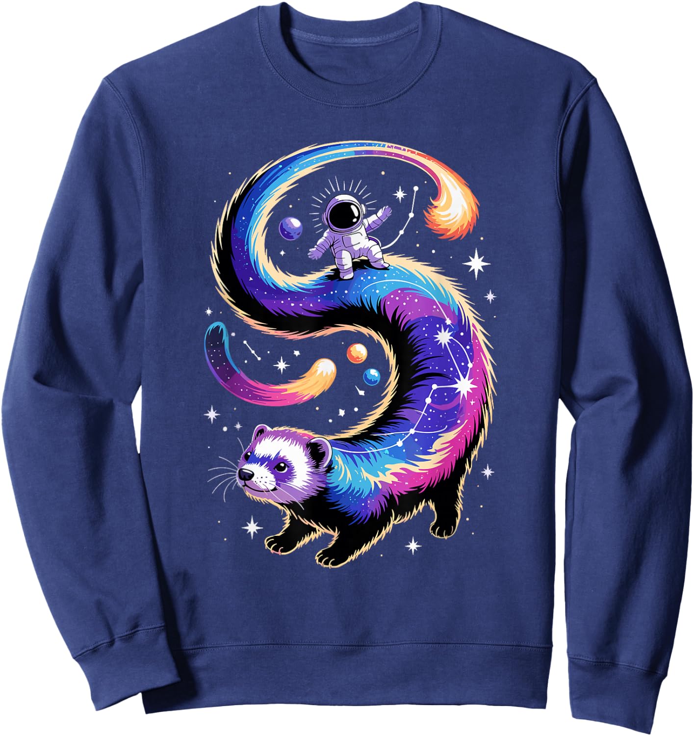 Astronaut Rides Ferret Space Stars Comets Galaxy Planets Sweatshirt - Sweatshirt | Navy