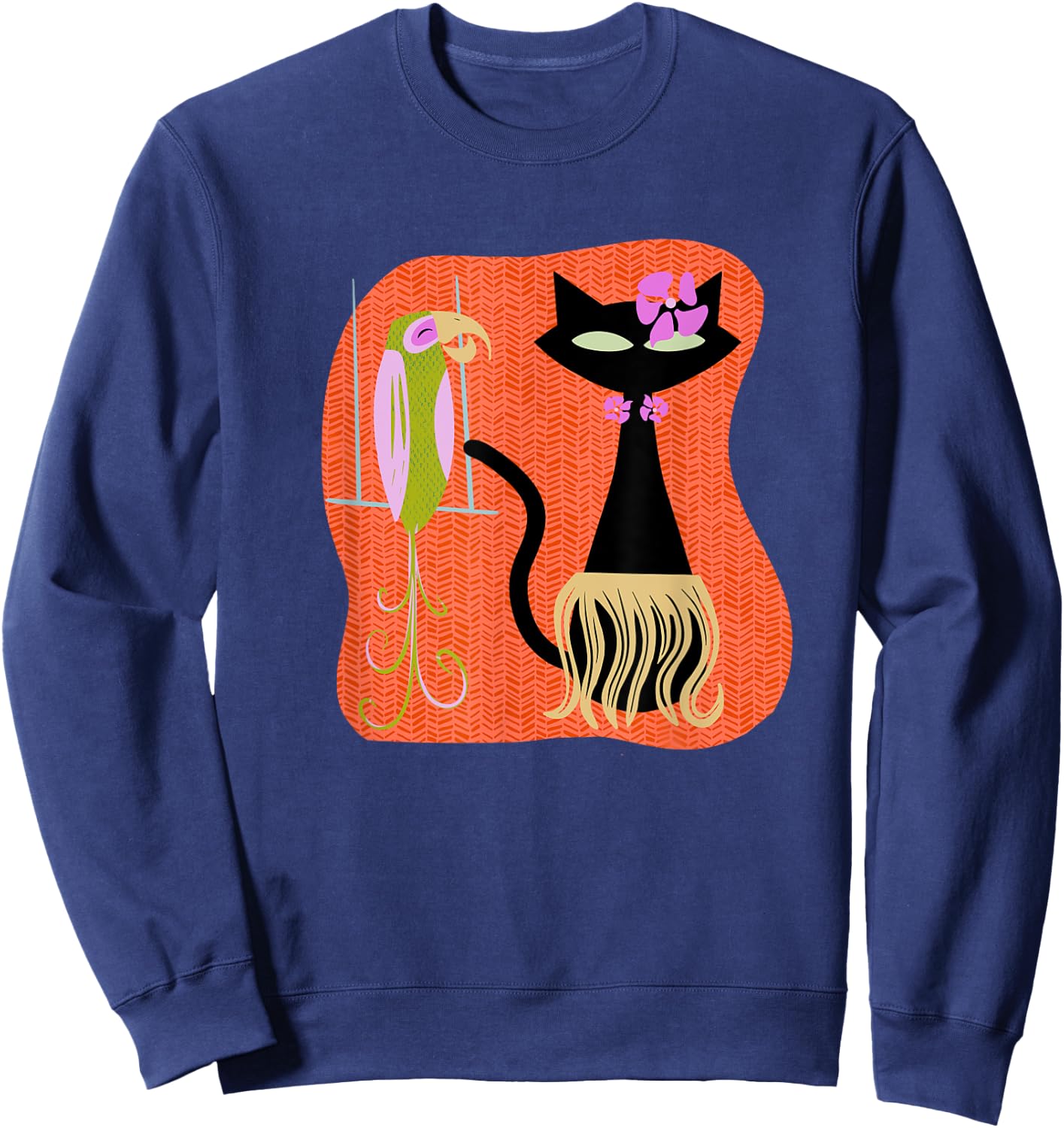 Hawaiian Hula Cat with Tropical Tiki Bird and Hibiscus Flowe Sweatshirt - Sweatshirt | Navy
