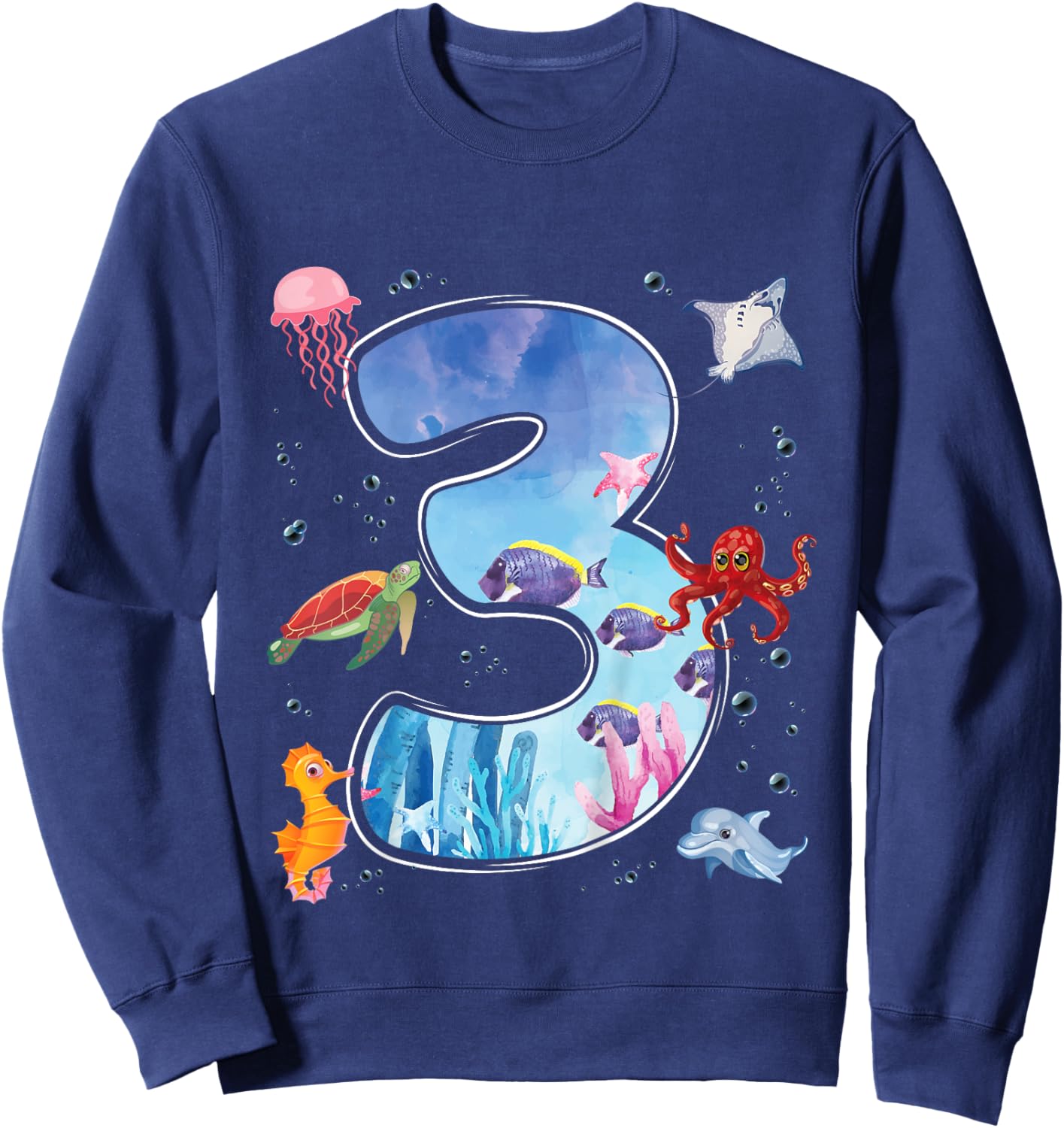 Kids 3rd Birthday Party Ocean 3 Year Old Sea Fish Aquarium Boy Sweatshirt - Sweatshirt | Navy
