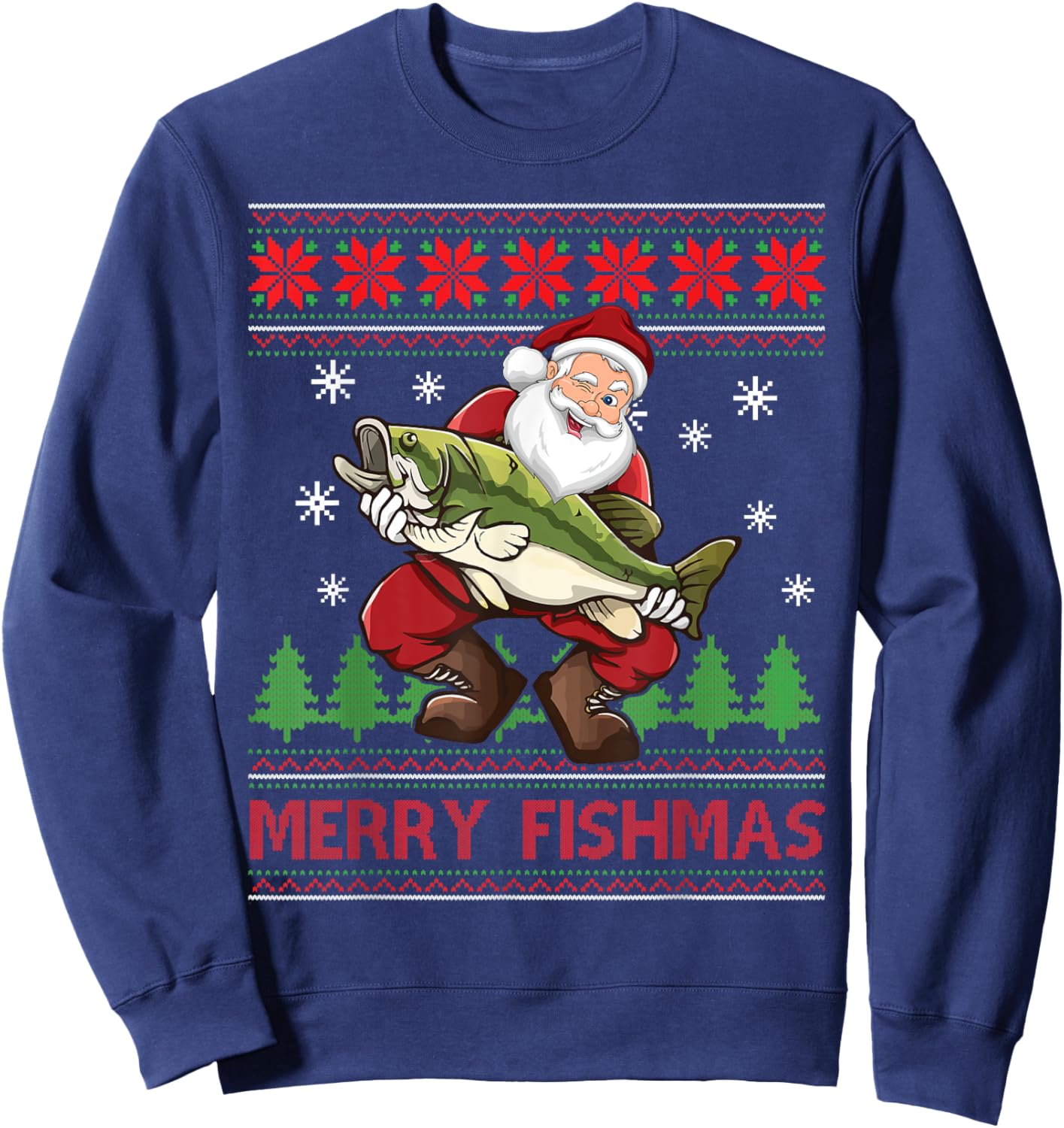 Merry Fishmas Santa Fishing Ugly Christmas Sweater Style Sweatshirt - Sweatshirt | Navy