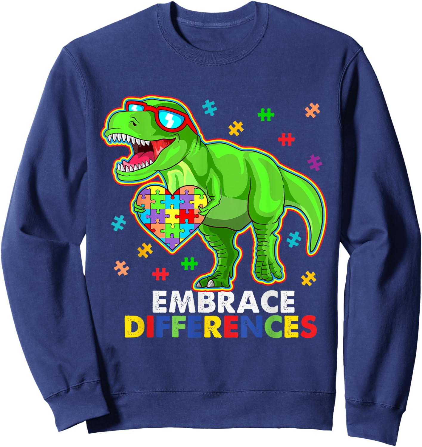 Embrace Differences- Autism Awareness Dinosaur Puzzle Piece Sweatshirt - Sweatshirt | Navy