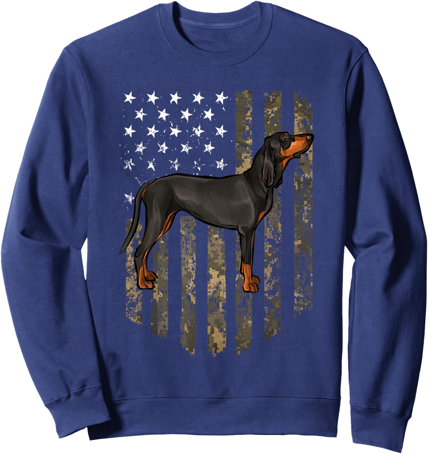 Camo American Flag Black and Tan Coonhound 4th Of July USA Sweatshirt - Sweatshirt | Navy