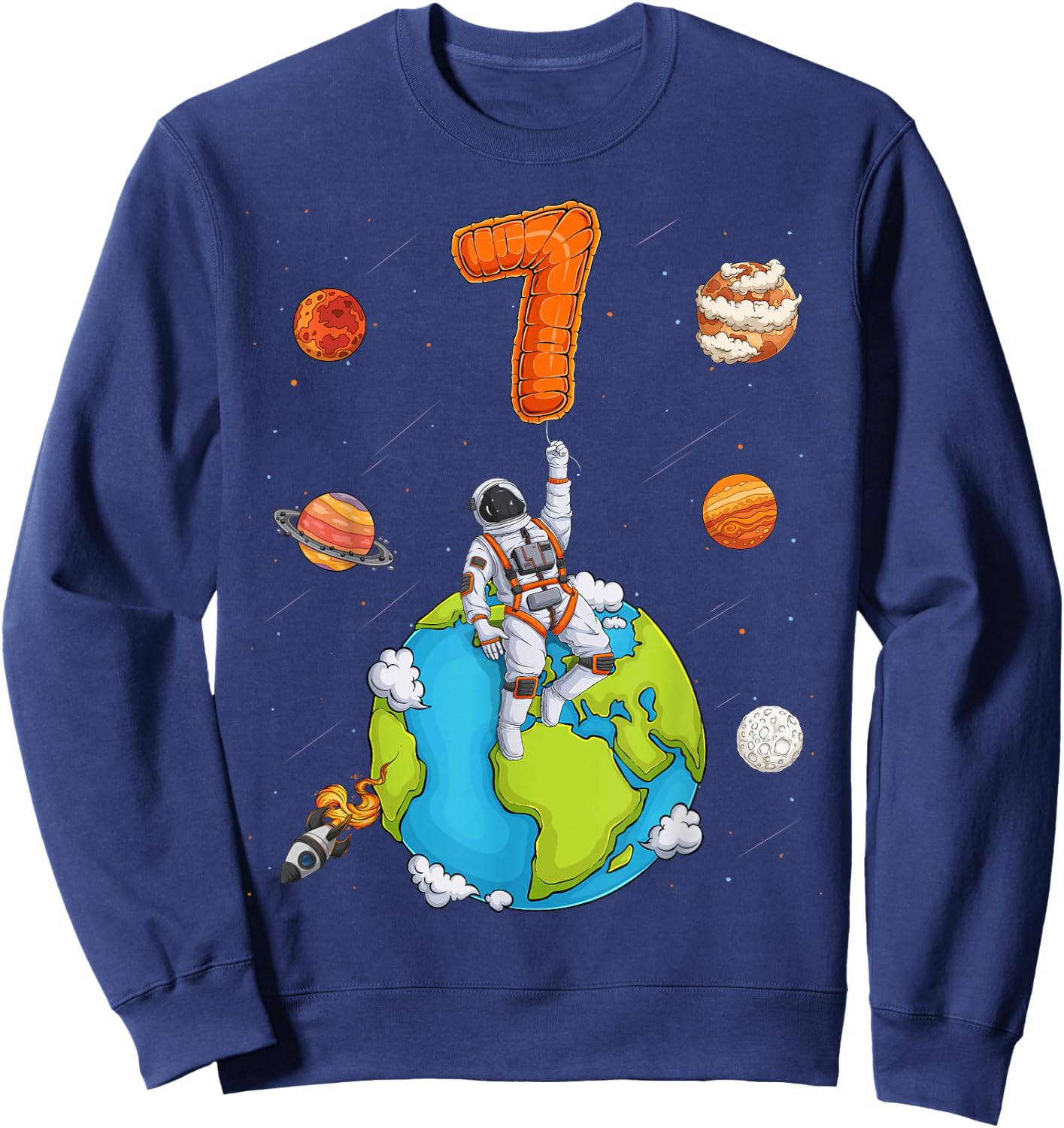 Astronaut Planets Space 7 Seven Years Old 7th Birthday Boys Sweatshirt - Sweatshirt | Navy