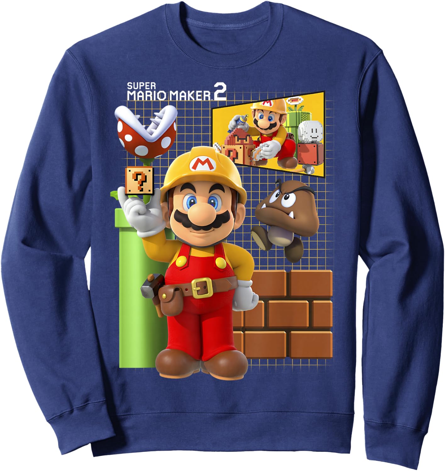 Super Mario Maker 2 Game Play Portrait Grid Background Sweatshirt - Sweatshirt | Navy