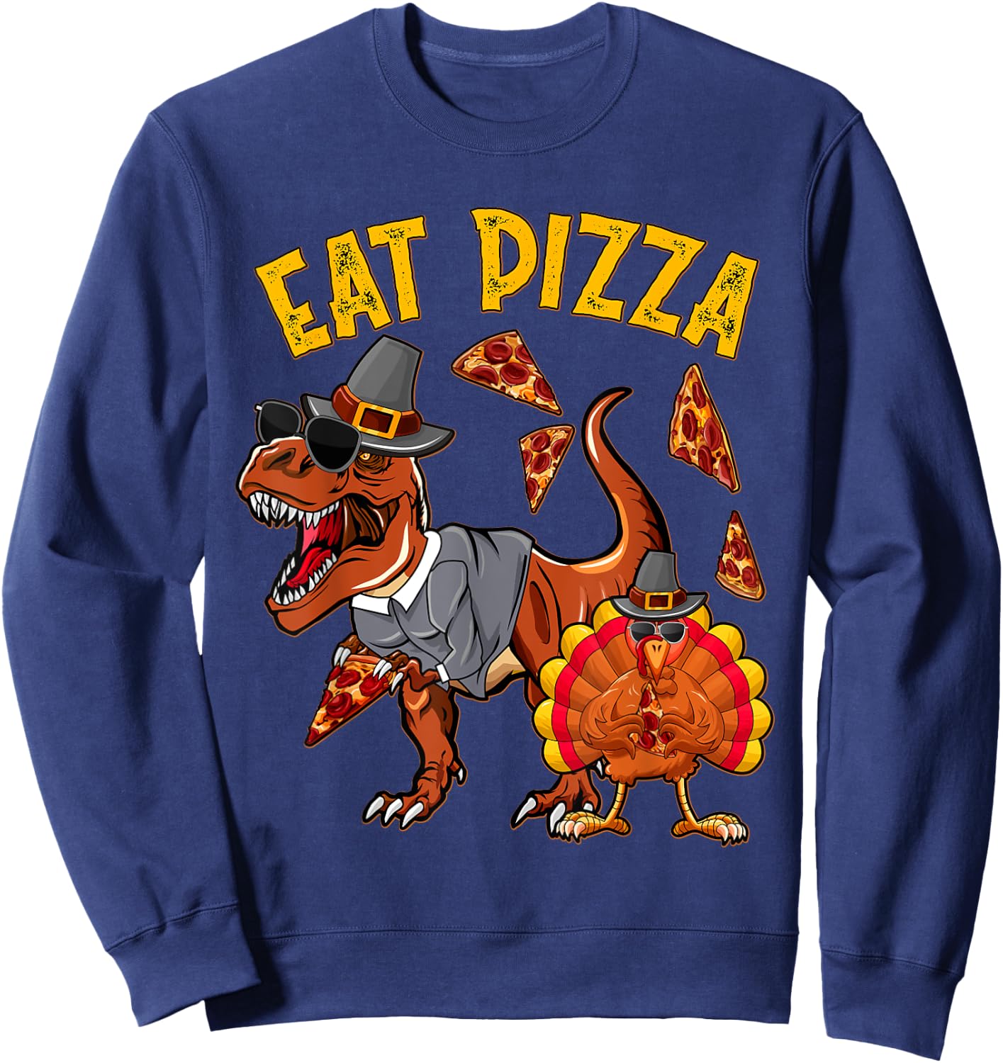 Eat Pizza Funny Turkey T Rex Youth Thanksgiving Boys Toddler Sweatshirt - Sweatshirt | Navy