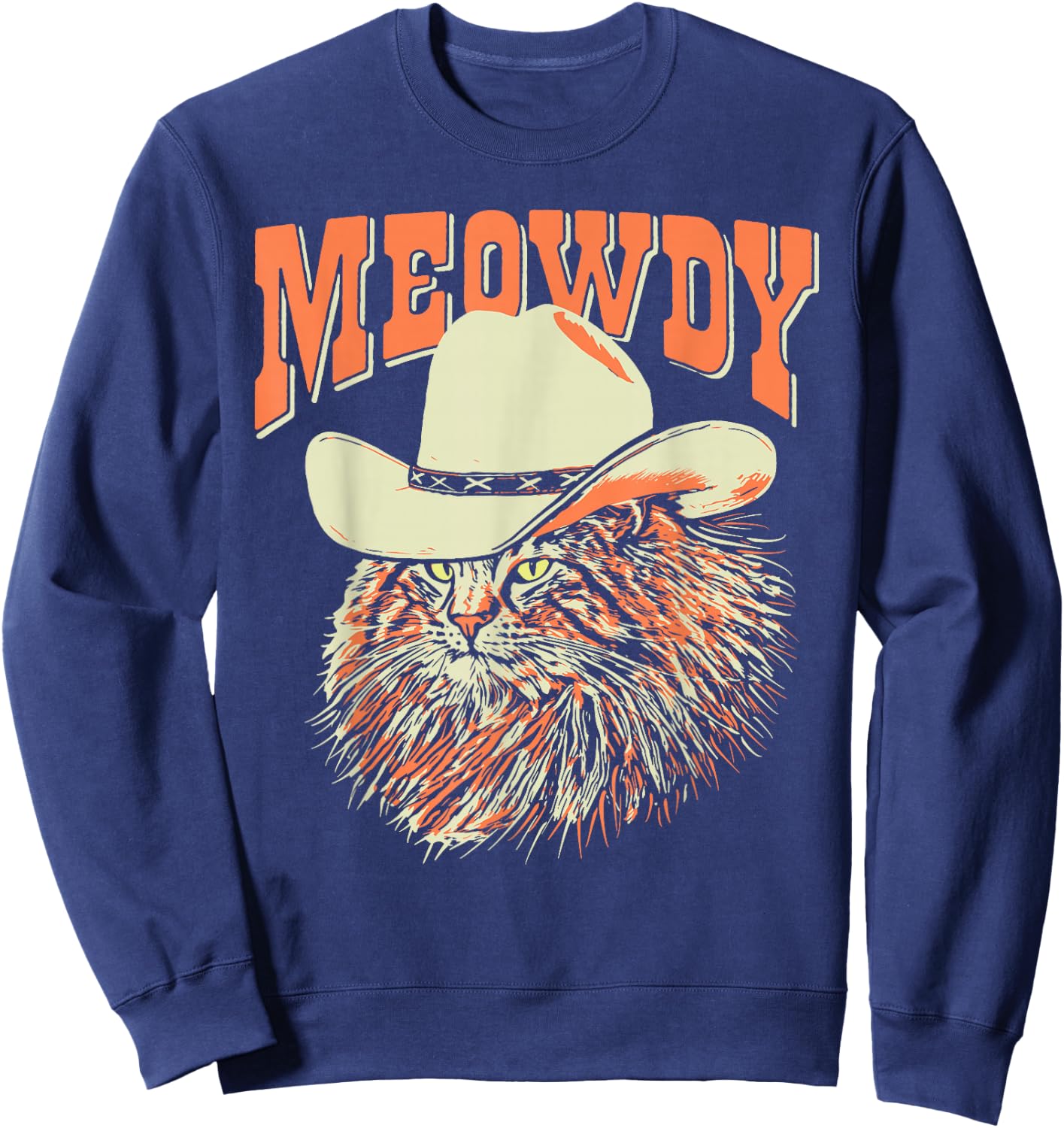 Southern Timbers Meowdy! Funny Country Music Cat Cowboy Hat Vintage Brown Sweatshirt - Sweatshirt | Navy