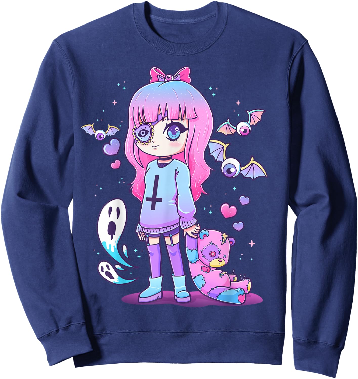 Pastel Goth Creepy Girl Teddy Bear Kawaii Emo Cute Nu Goth Sweatshirt - Sweatshirt | Navy