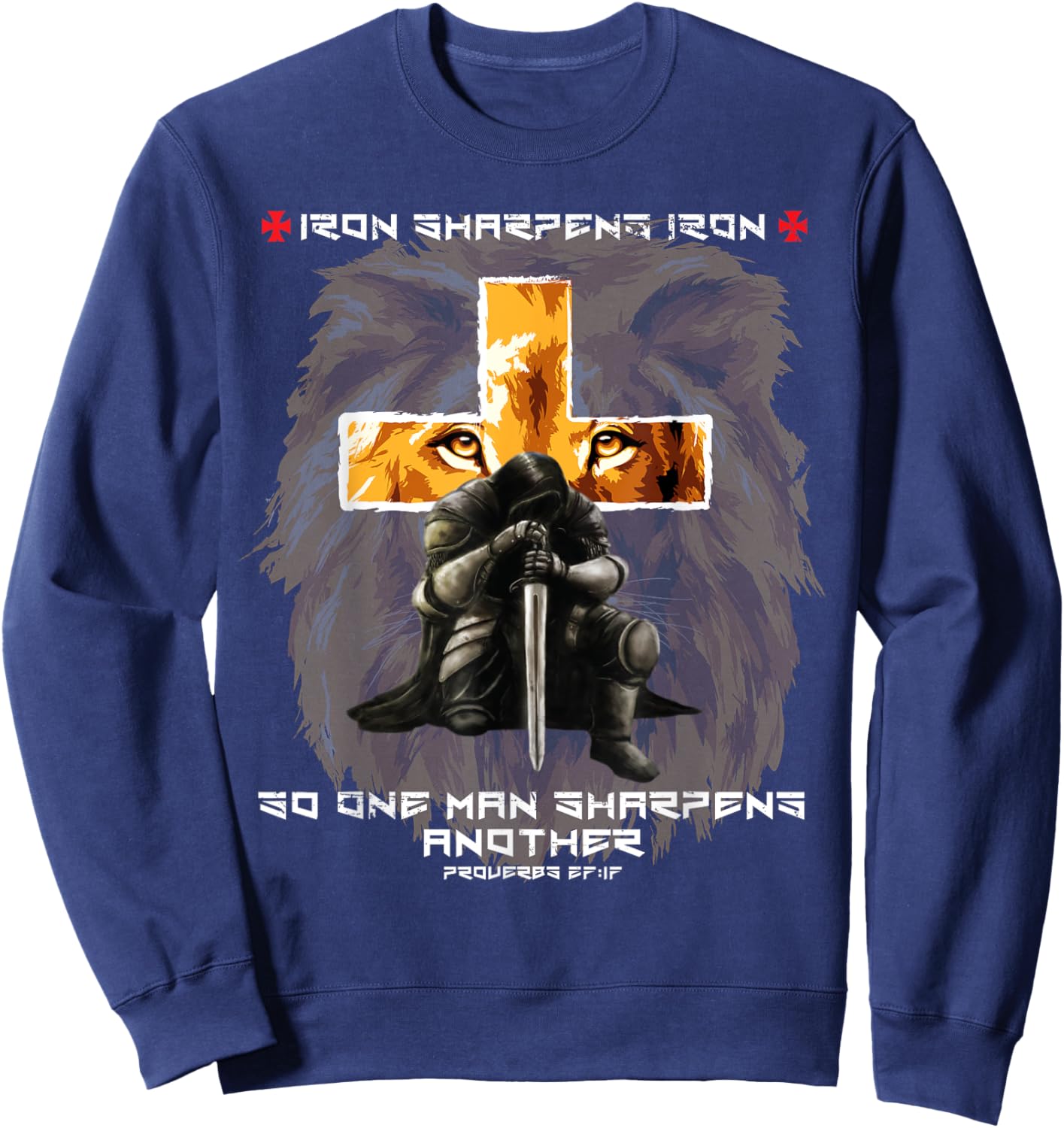 Iron Sharpens Iron Christian Scripture Crosses Lion Graphic Sweatshirt - Sweatshirt | Navy