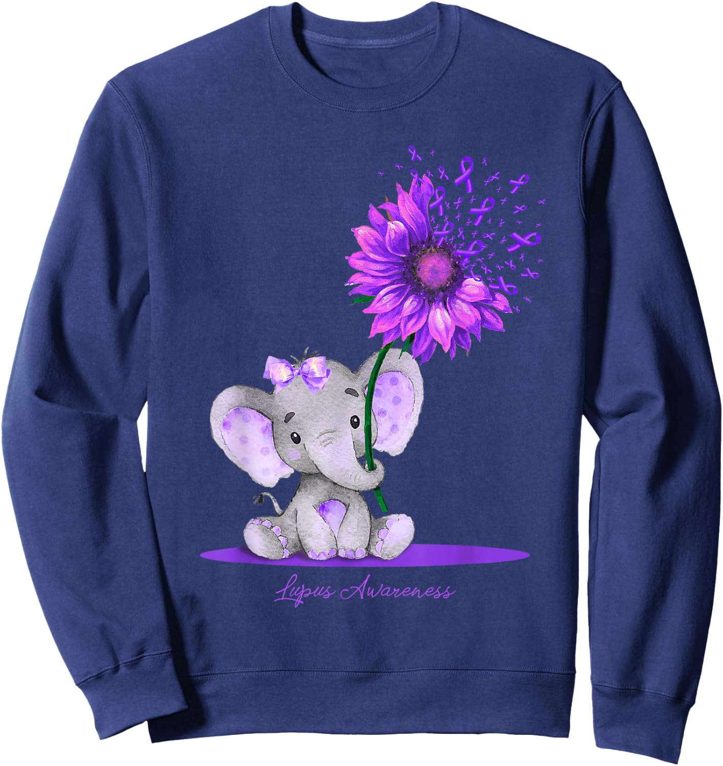 LUPUS AWARENESS Cute Elephant Sunflower Purple Ribbon Gift Sweatshirt - Sweatshirt | Navy