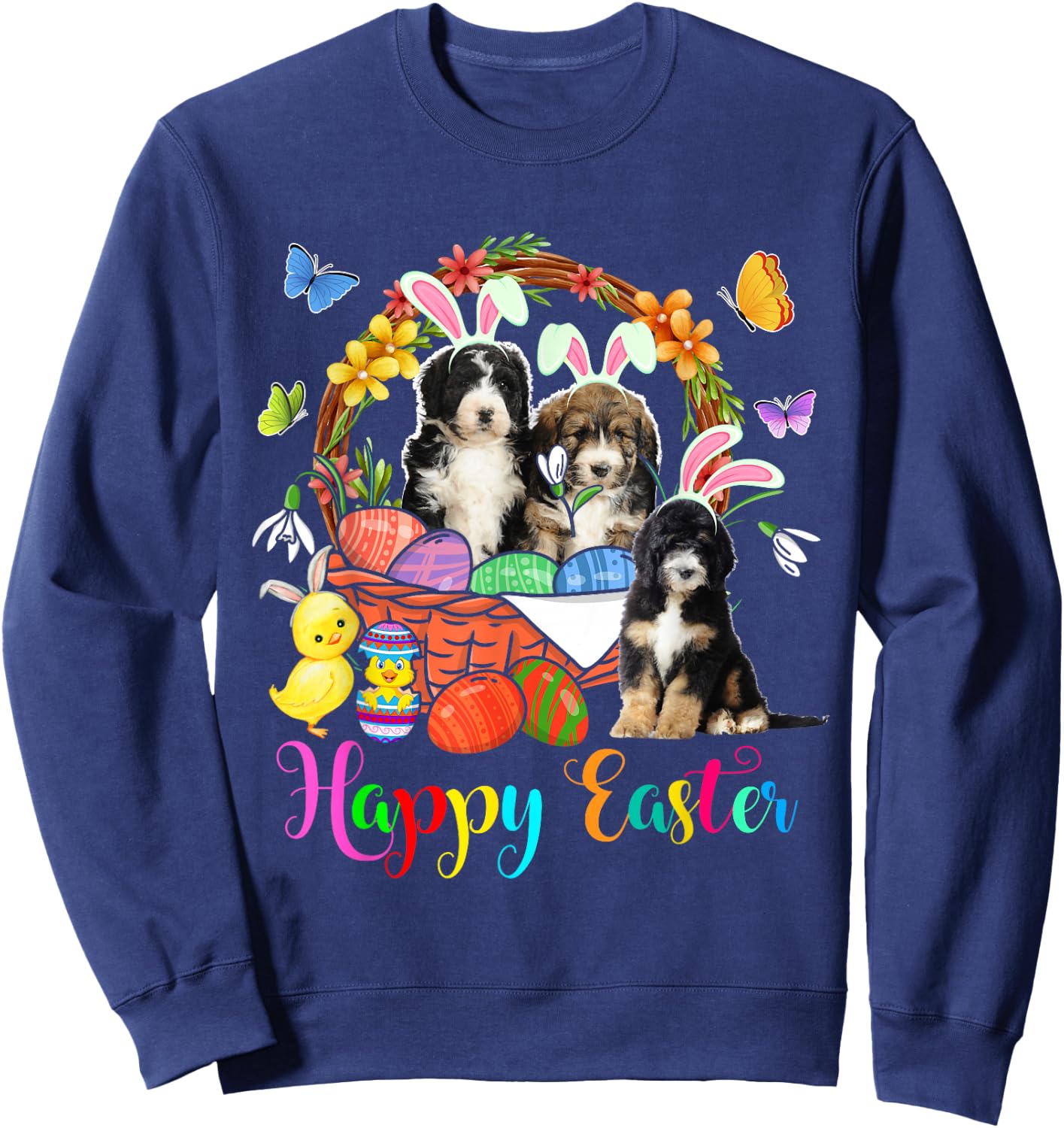 Three Bunny Bernedoodle Dogs In Easter Eggs Basket Sweatshirt - Sweatshirt | Navy