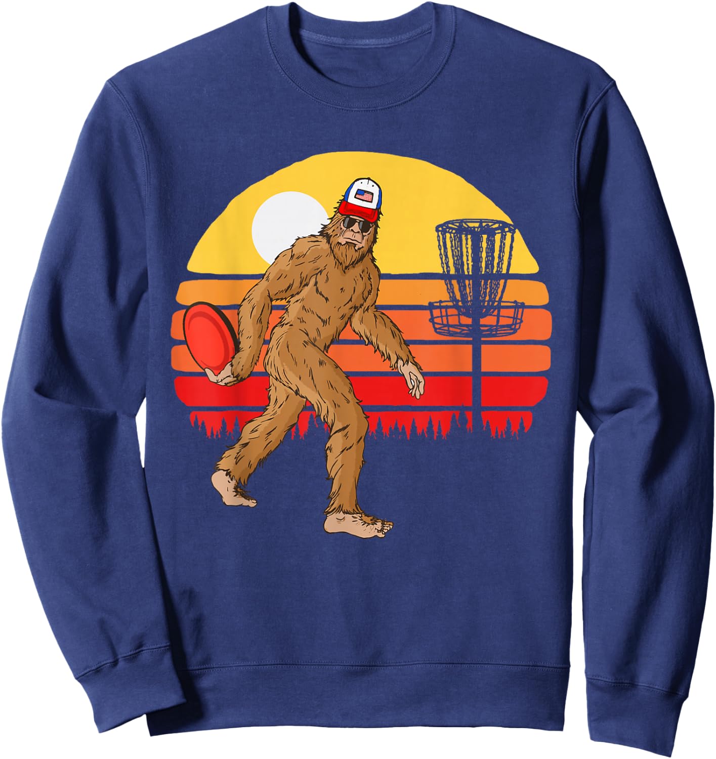 Retro Disc Golf Bigfoot Vintage Discus Sasquatch 80s Sunset Sweatshirt - Sweatshirt | Navy